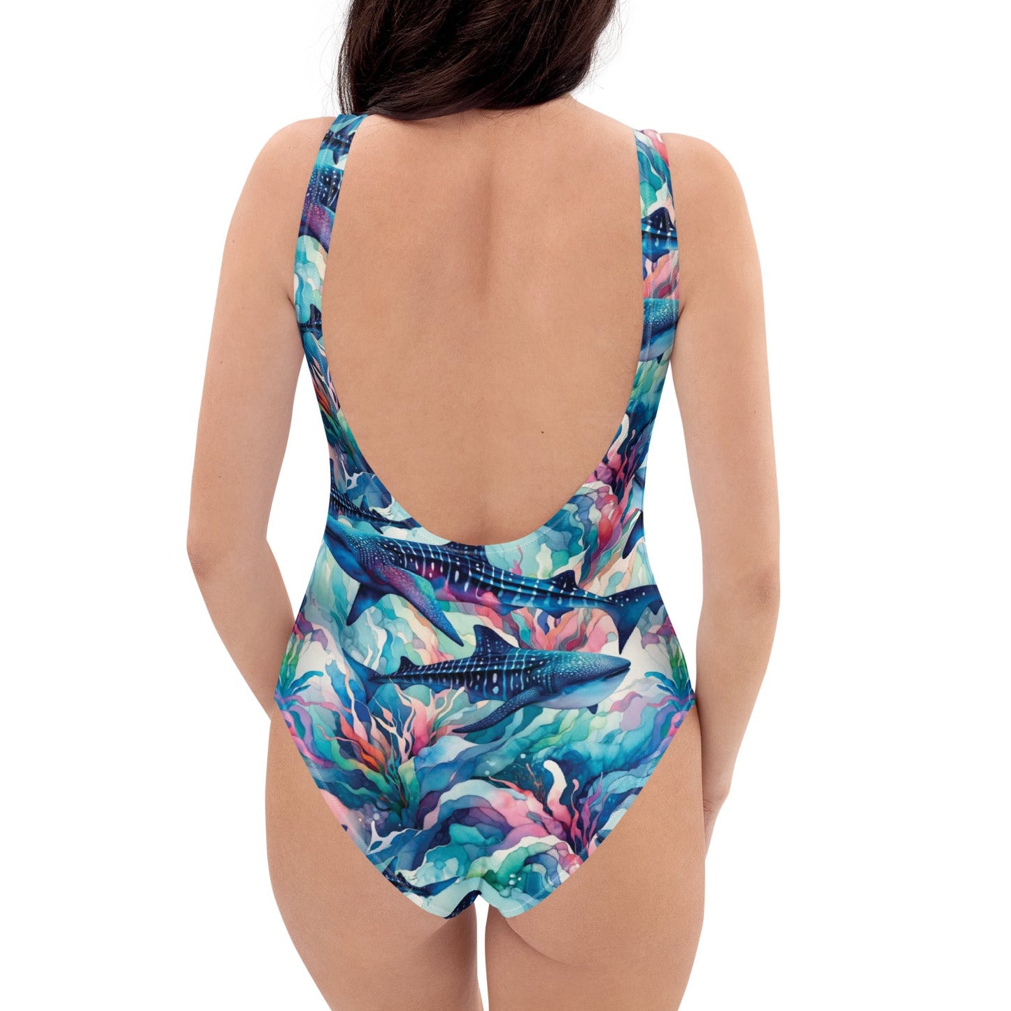 Electric Whale Shark One-Piece Swimsuit – back view – recycled one piece swimsuit for diving, snorkeling, and reef adventures