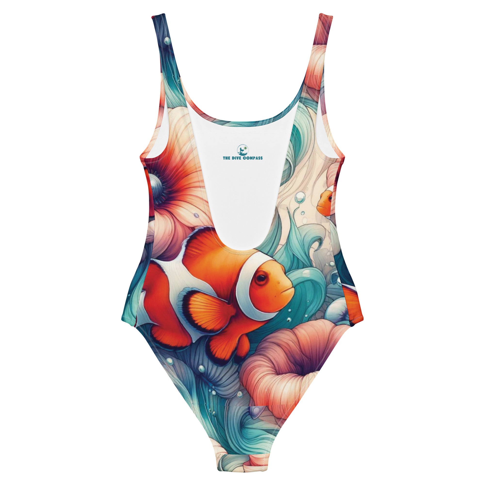 Clownfish Gardens One-Piece Swimsuit – back view – sustainable one piece swimsuit in recycled polyester for divers