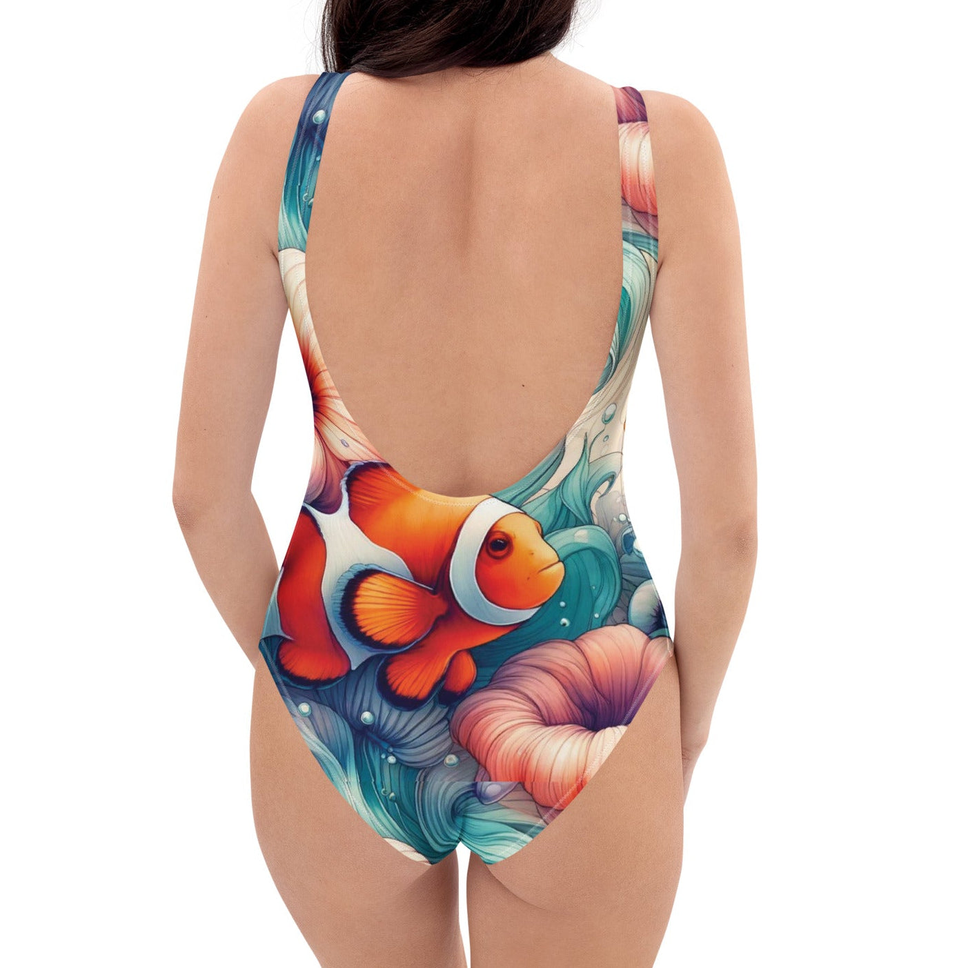 Clownfish Gardens One-Piece Swimsuit – back view – recycled one piece swimsuit for diving, snorkeling, and reef adventures