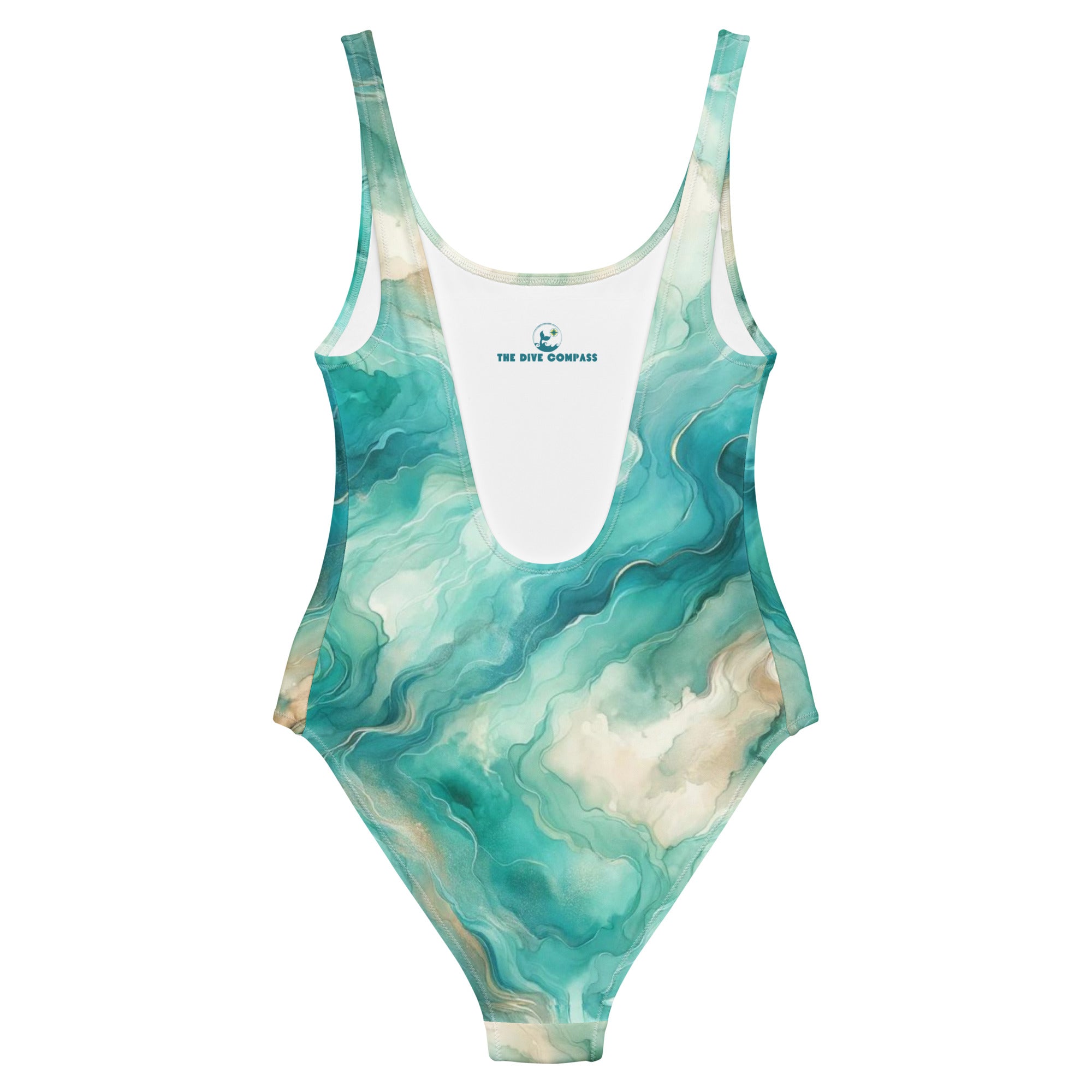 Turquoise Seas One-Piece Swimsuit – back view – one piece swimsuit for scuba diving, snorkeling, and tropical ocean days