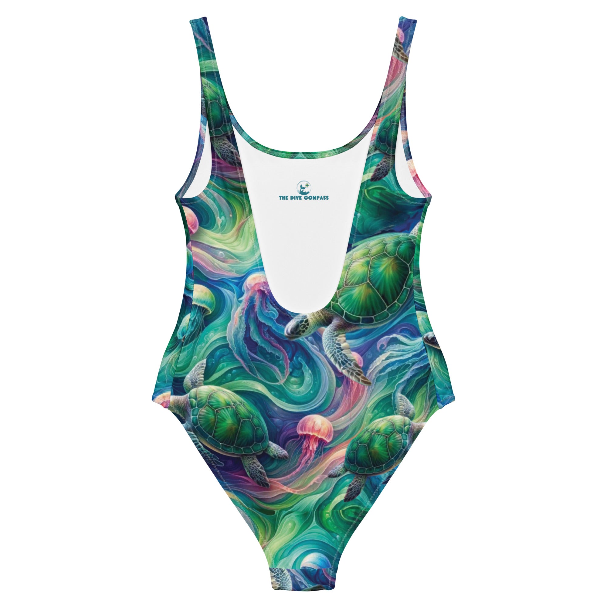 Psychedelic Turtle One-Piece Swimsuit – back view – one piece swimsuit for scuba diving, snorkeling, and tropical ocean days