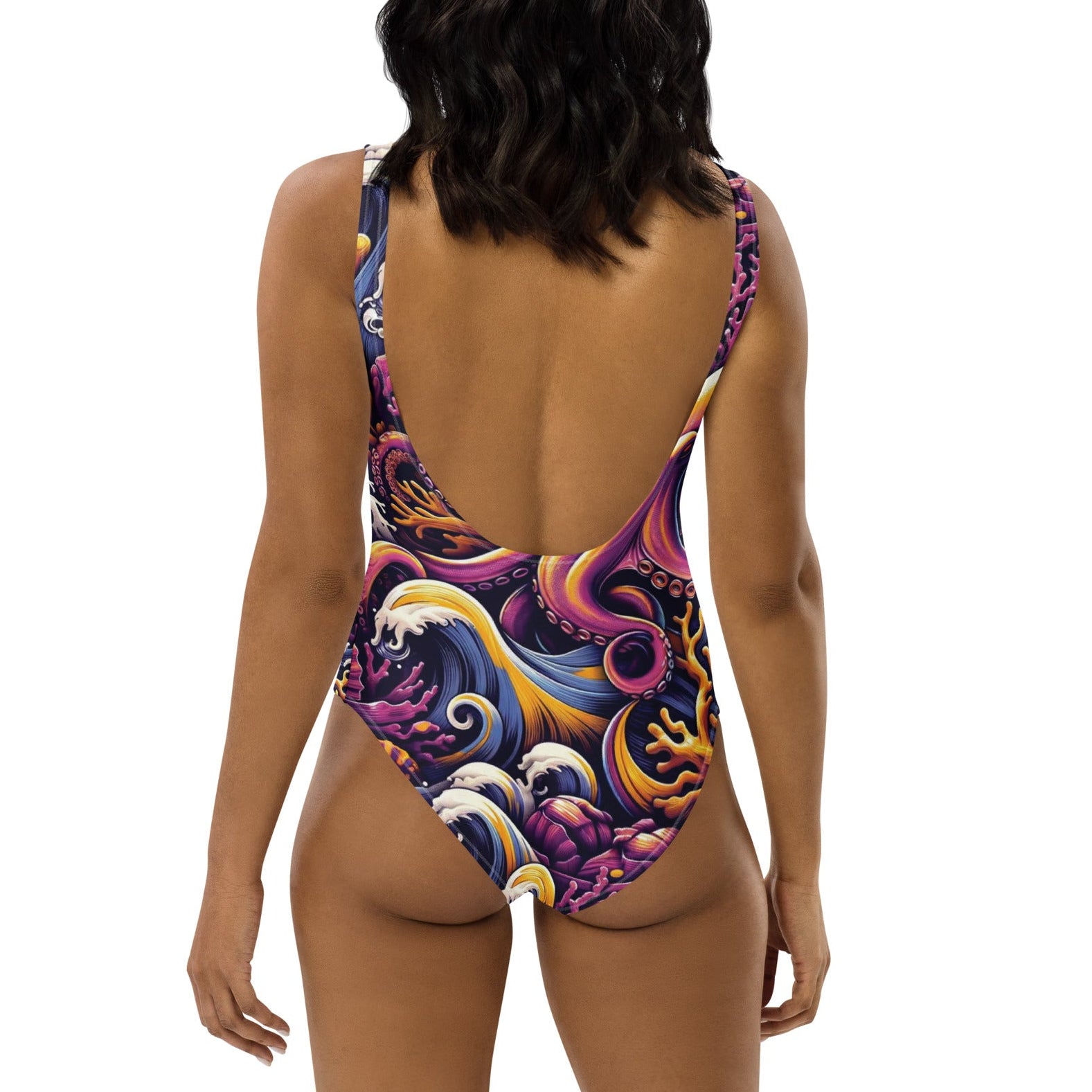 Octopus Ink One-Piece Swimsuit – back view – recycled one piece swimsuit for diving, snorkeling, and reef adventures