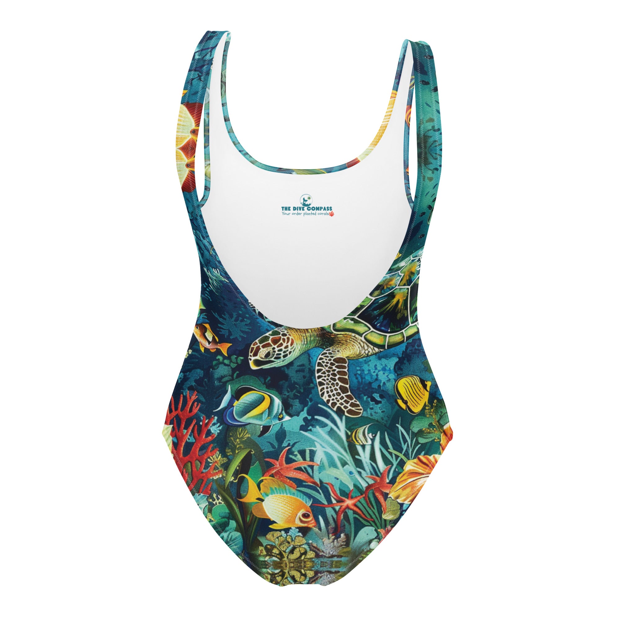 Maldives One-Piece Swimsuit – back view – one piece diving swimsuit that stays put under a wetsuit and rash guard