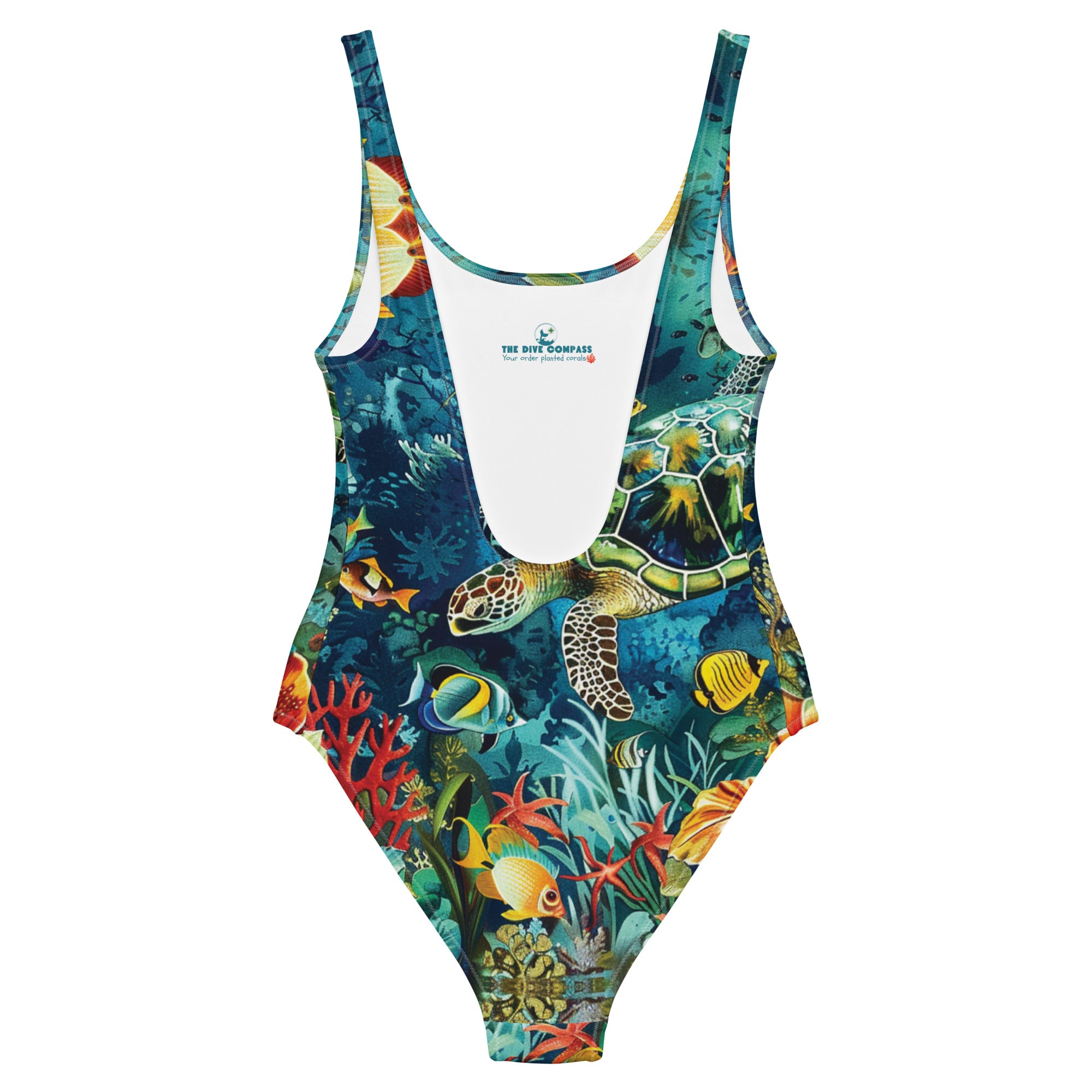Maldives One-Piece Swimsuit – back view – one piece swimsuit for scuba diving, snorkeling, and tropical ocean days