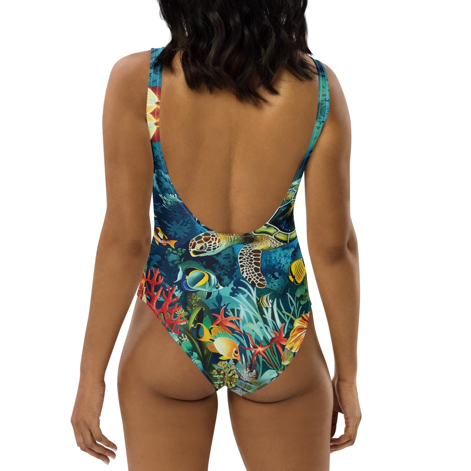 Maldives One-Piece Swimsuit – back view – recycled one piece swimsuit for diving, snorkeling, and reef adventures