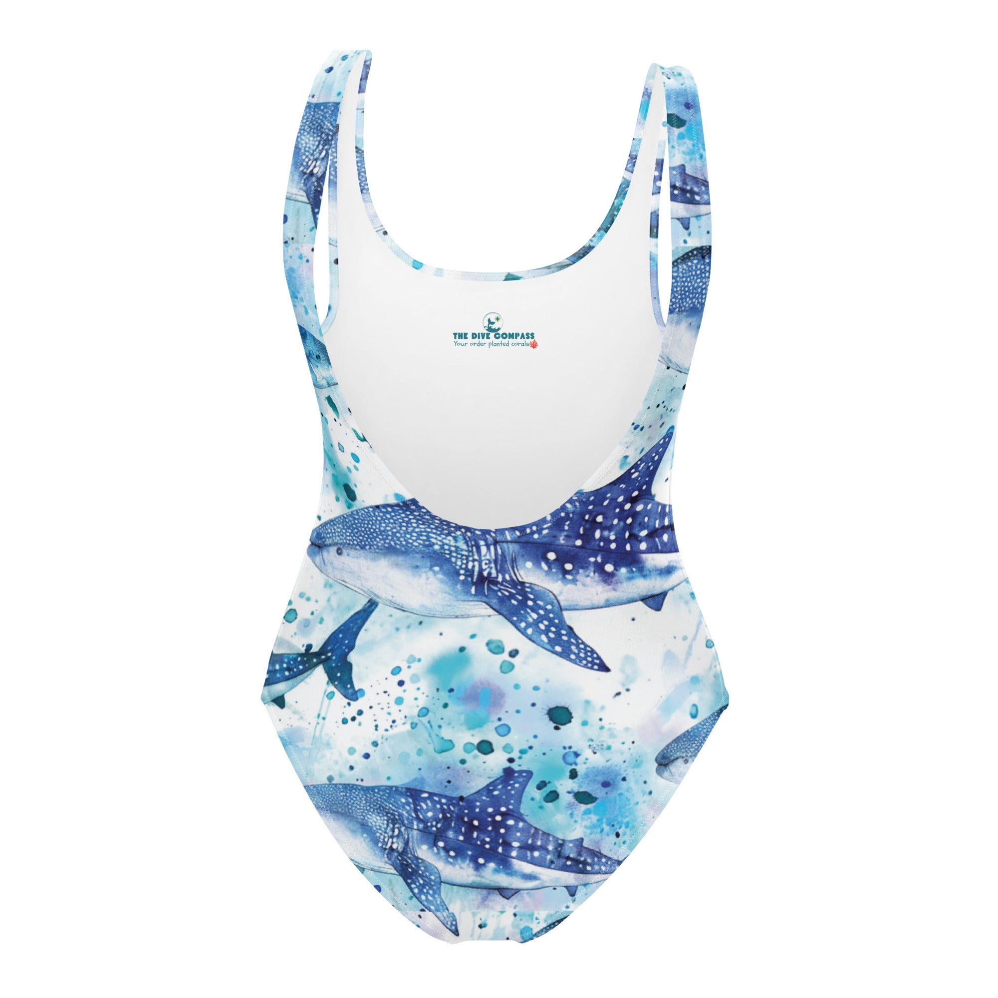 Whimsical Whale Shark One-Piece Swimsuit – back view – one piece diving swimsuit that stays put under a wetsuit and rash guard
