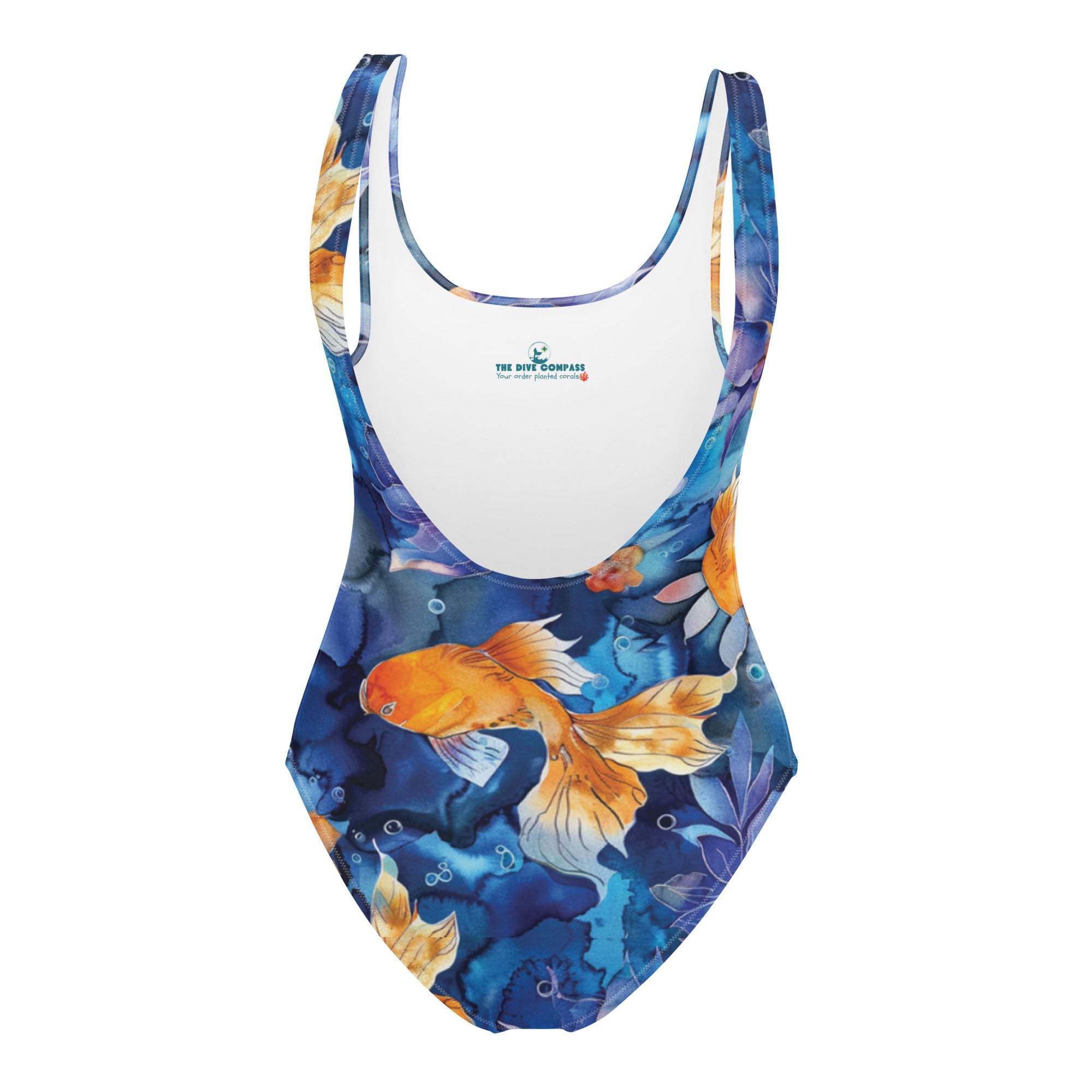 Jasmine Koi One-Piece Swimsuit – back view – one piece diving swimsuit that stays put under a wetsuit and rash guard