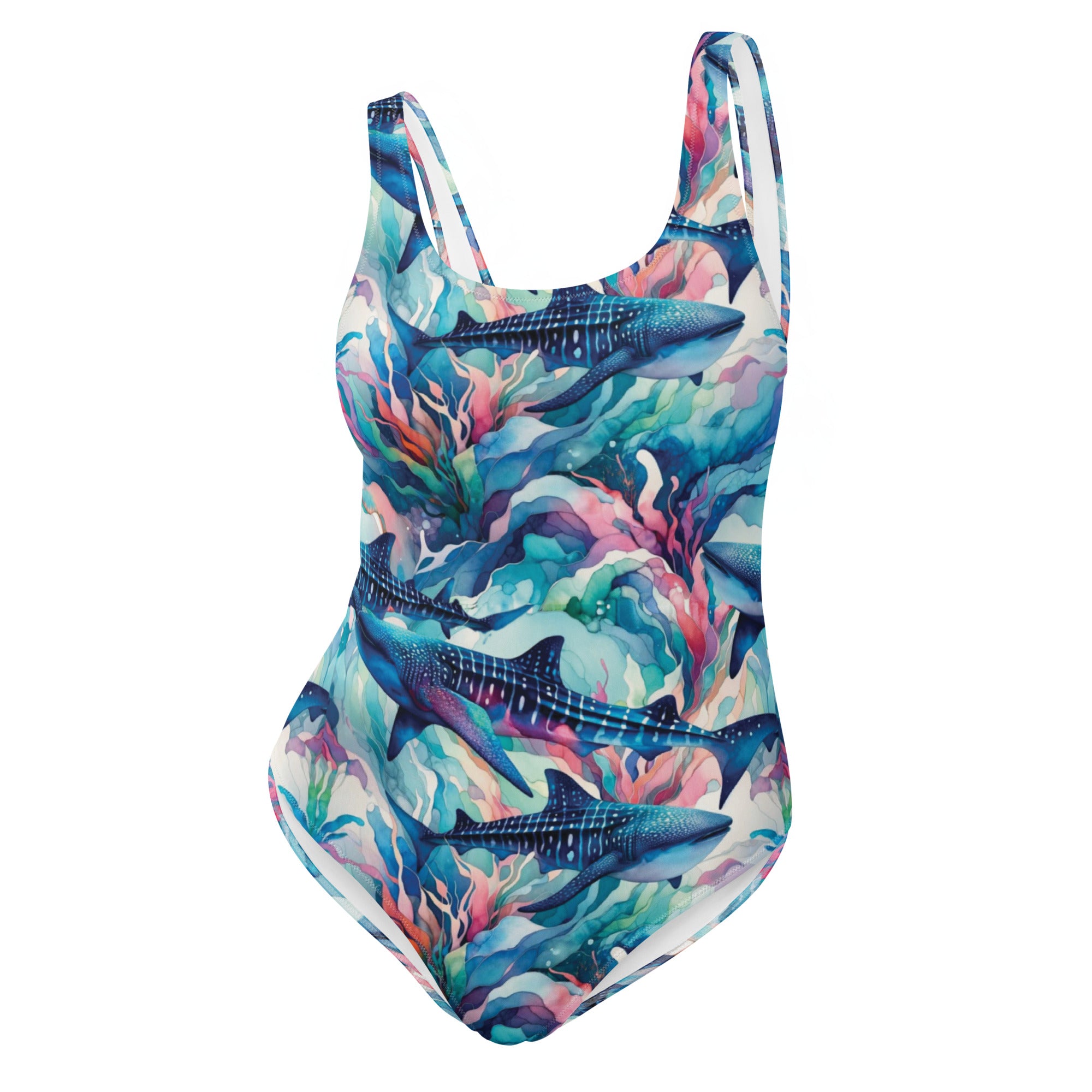 Electric Whale Shark One-Piece Swimsuit – front view – one piece diving swimsuit that stays put under a wetsuit and rash guard