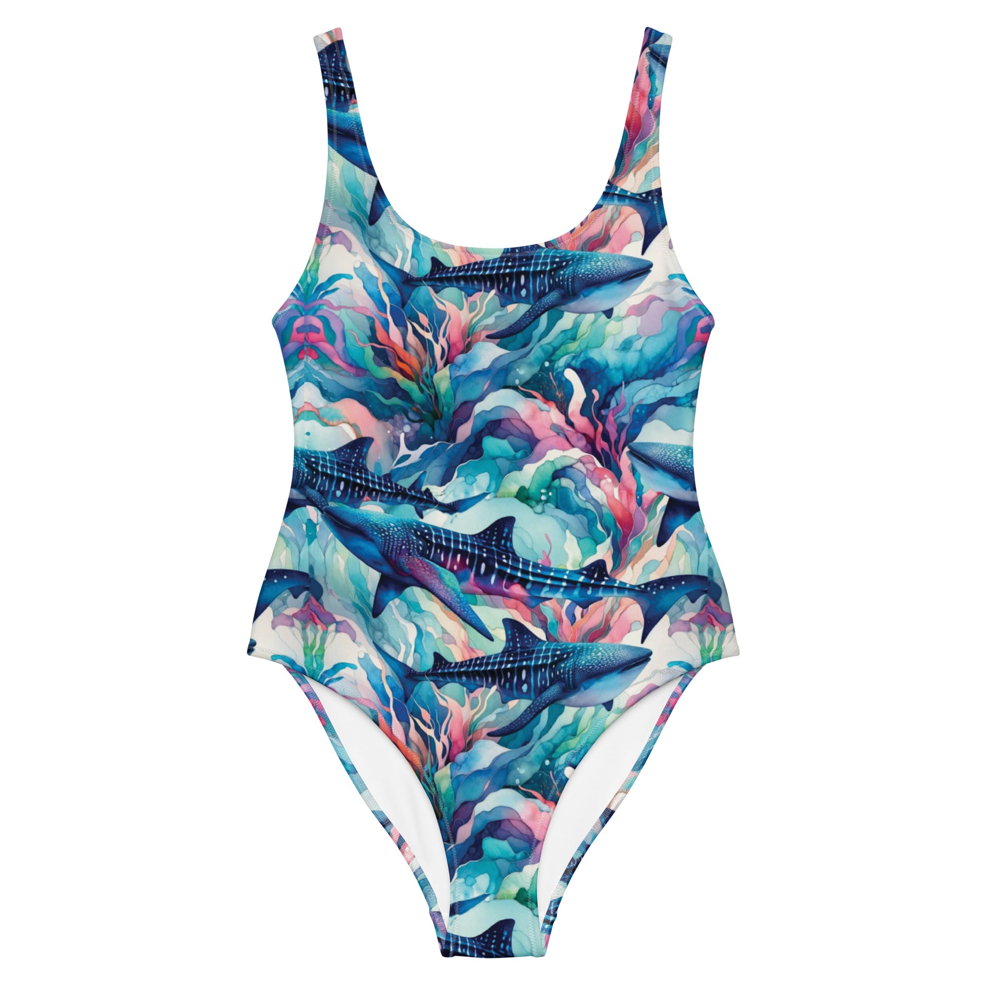 Electric Whale Shark One-Piece Swimsuit – front view – one piece swimsuit for scuba diving, snorkeling, and tropical ocean days