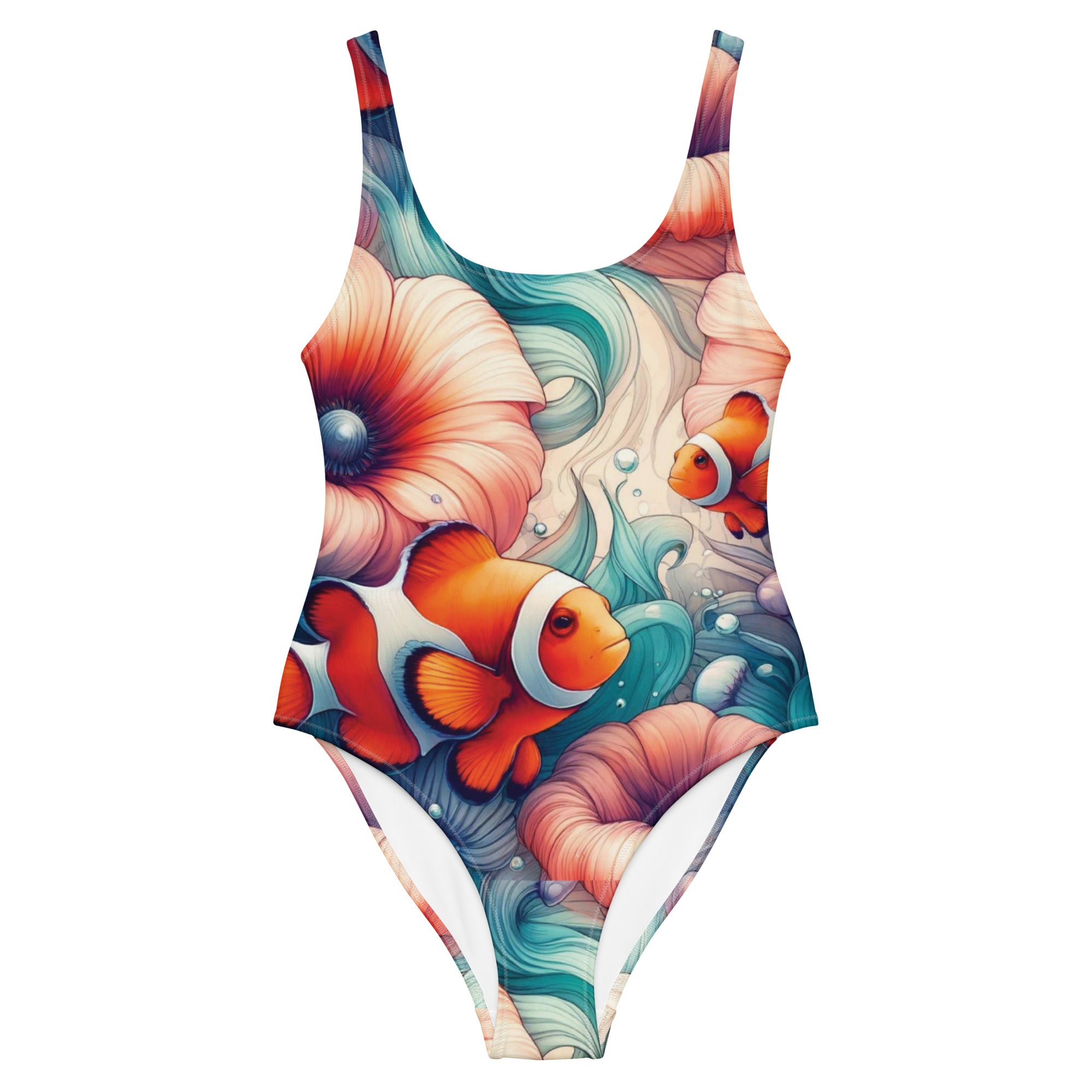Clownfish Gardens One-Piece Swimsuit – front view – one piece swimsuit for scuba diving, snorkeling, and tropical ocean days