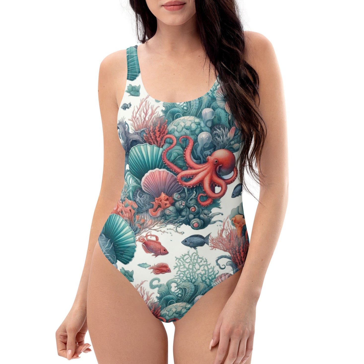 Octopus Reef One-Piece Swimsuit – front view – scuba one piece swimsuit with UPF 50+ sun protection for divers