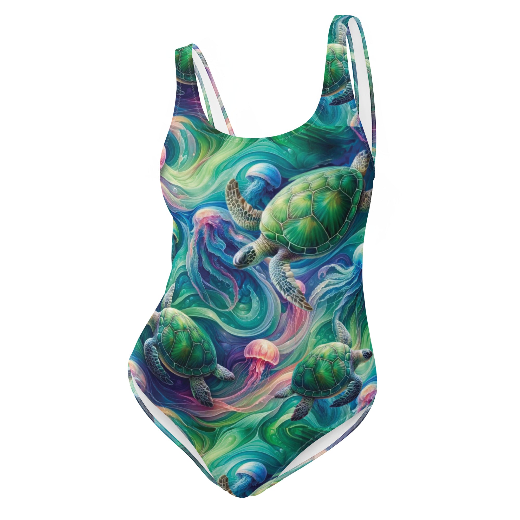 Psychedelic Turtle One-Piece Swimsuit – front view – one piece diving swimsuit that stays put under a wetsuit and rash guard