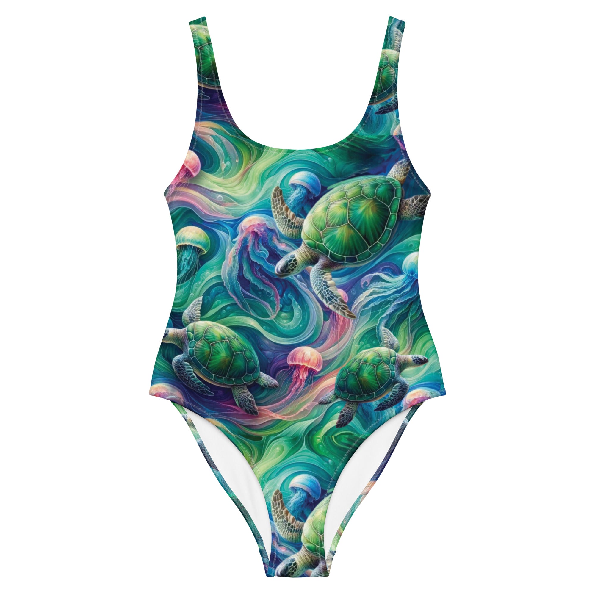 Psychedelic Turtle One-Piece Swimsuit – front view – sustainable one piece swimsuit in recycled polyester for divers
