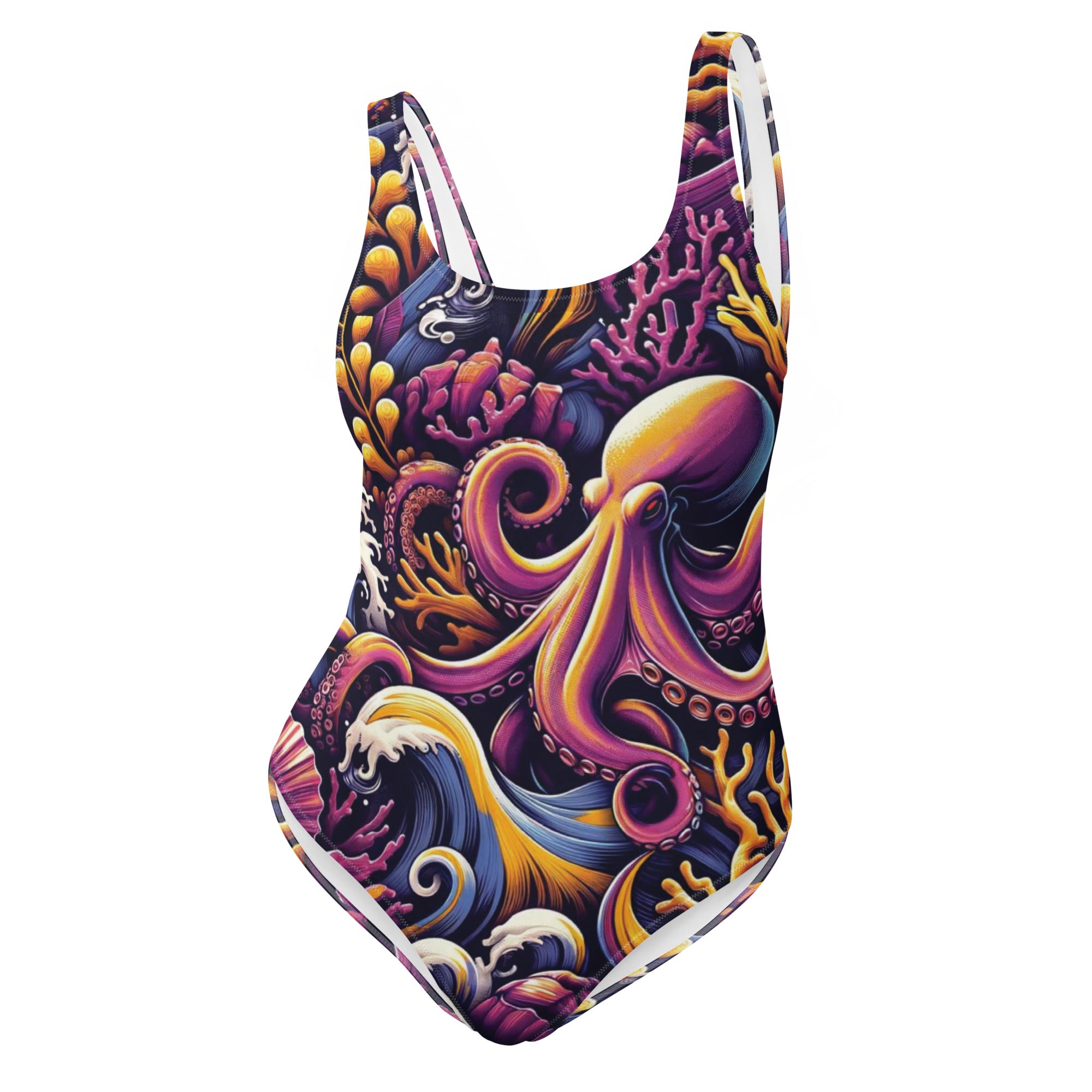 Octopus Ink One-Piece Swimsuit – front view – one piece swimsuit for scuba diving, snorkeling, and tropical ocean days
