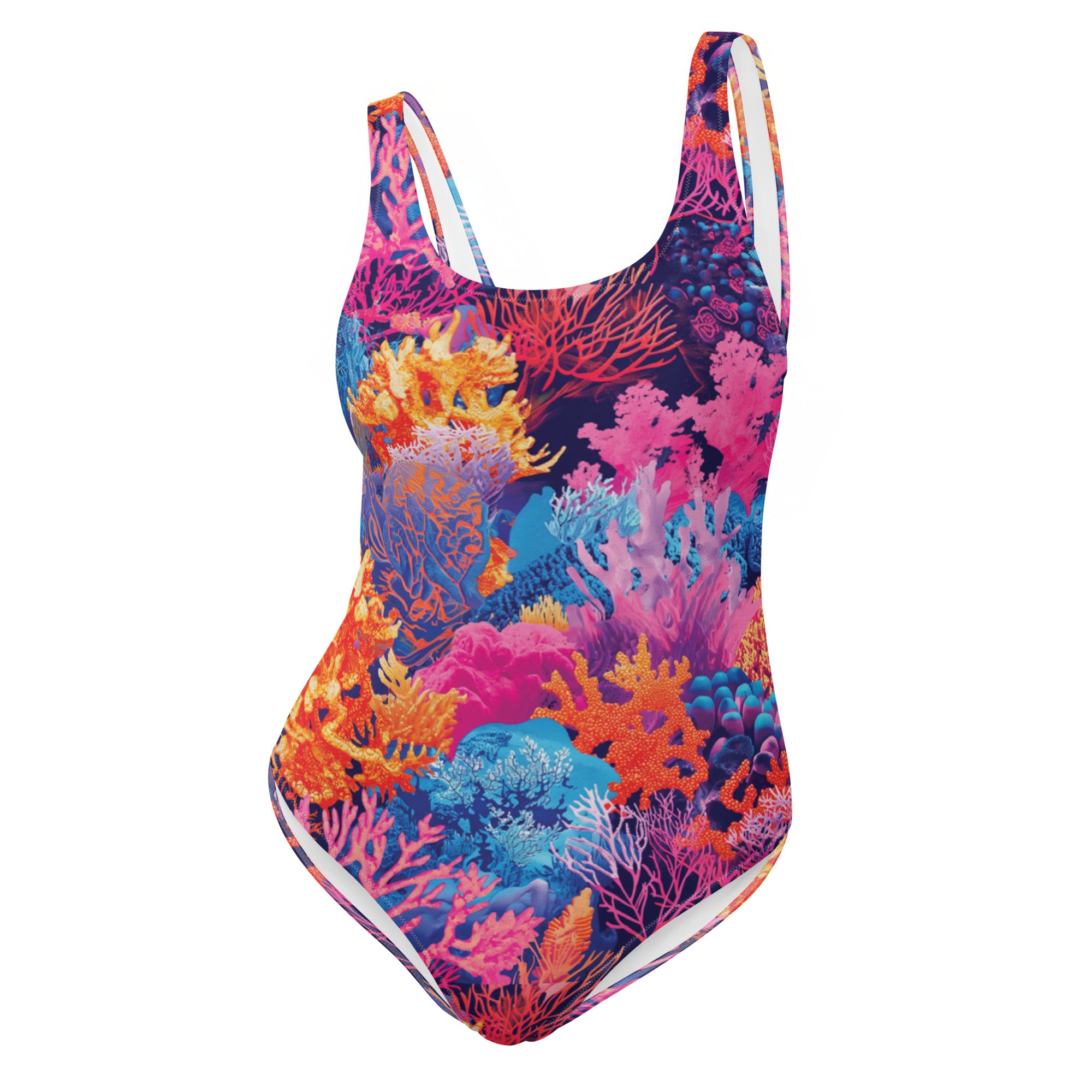Fire Corals One-Piece Swimsuit – front view – one piece diving swimsuit that stays put under a wetsuit and rash guard