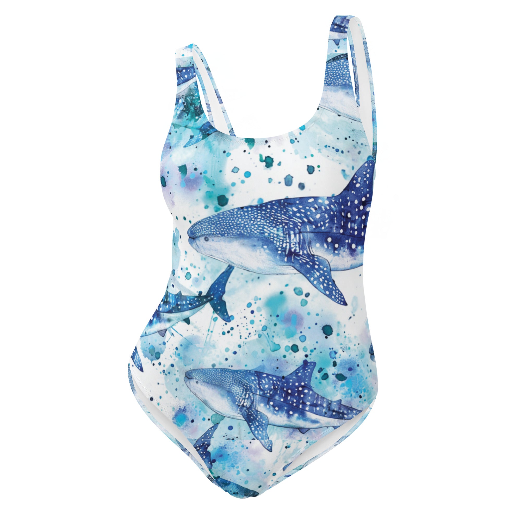 Whimsical Whale Shark One-Piece Swimsuit – front view – diving one piece swimsuit for warm water scuba and reef snorkeling