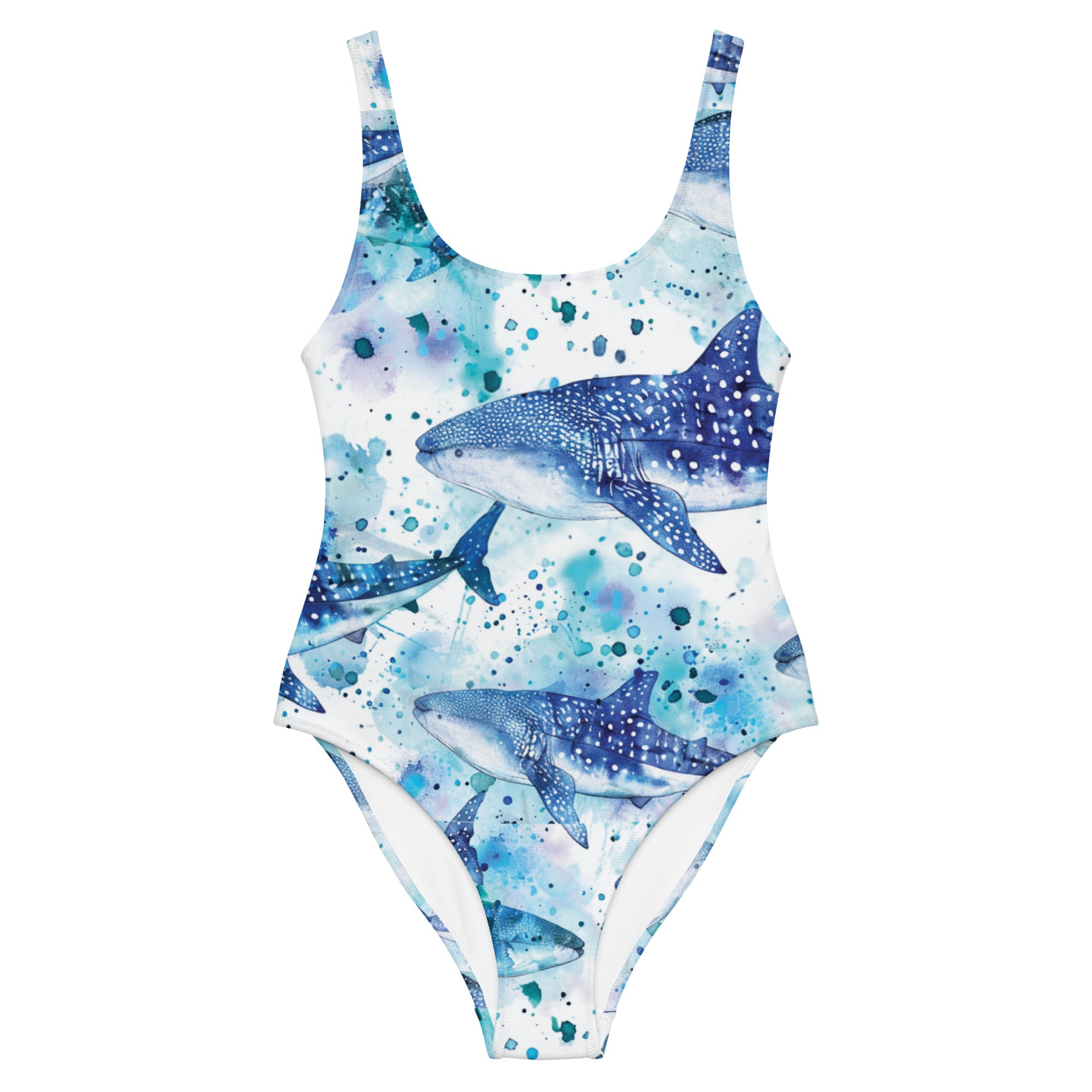 Whimsical Whale Shark One-Piece Swimsuit – front view – one piece swimsuit for scuba diving, snorkeling, and tropical ocean days