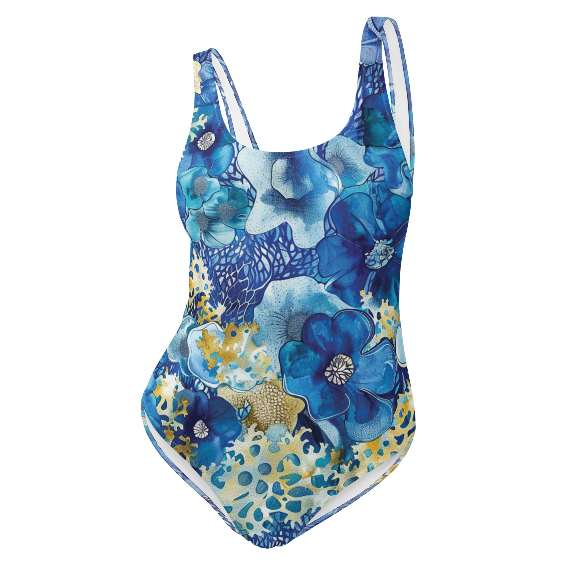 Coral Blossoms One-Piece Swimsuit – front view – scuba swimsuit one piece in soft recycled polyester for ocean lovers