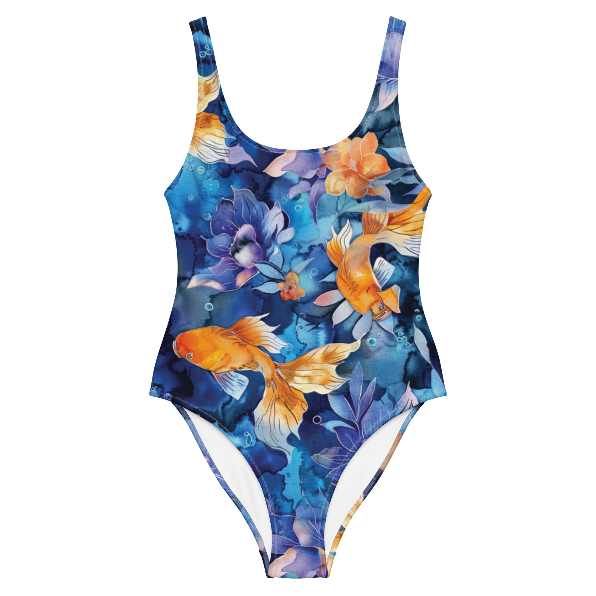 Jasmine Koi One-Piece Swimsuit – front view – one piece swimsuit for scuba diving, snorkeling, and tropical ocean days