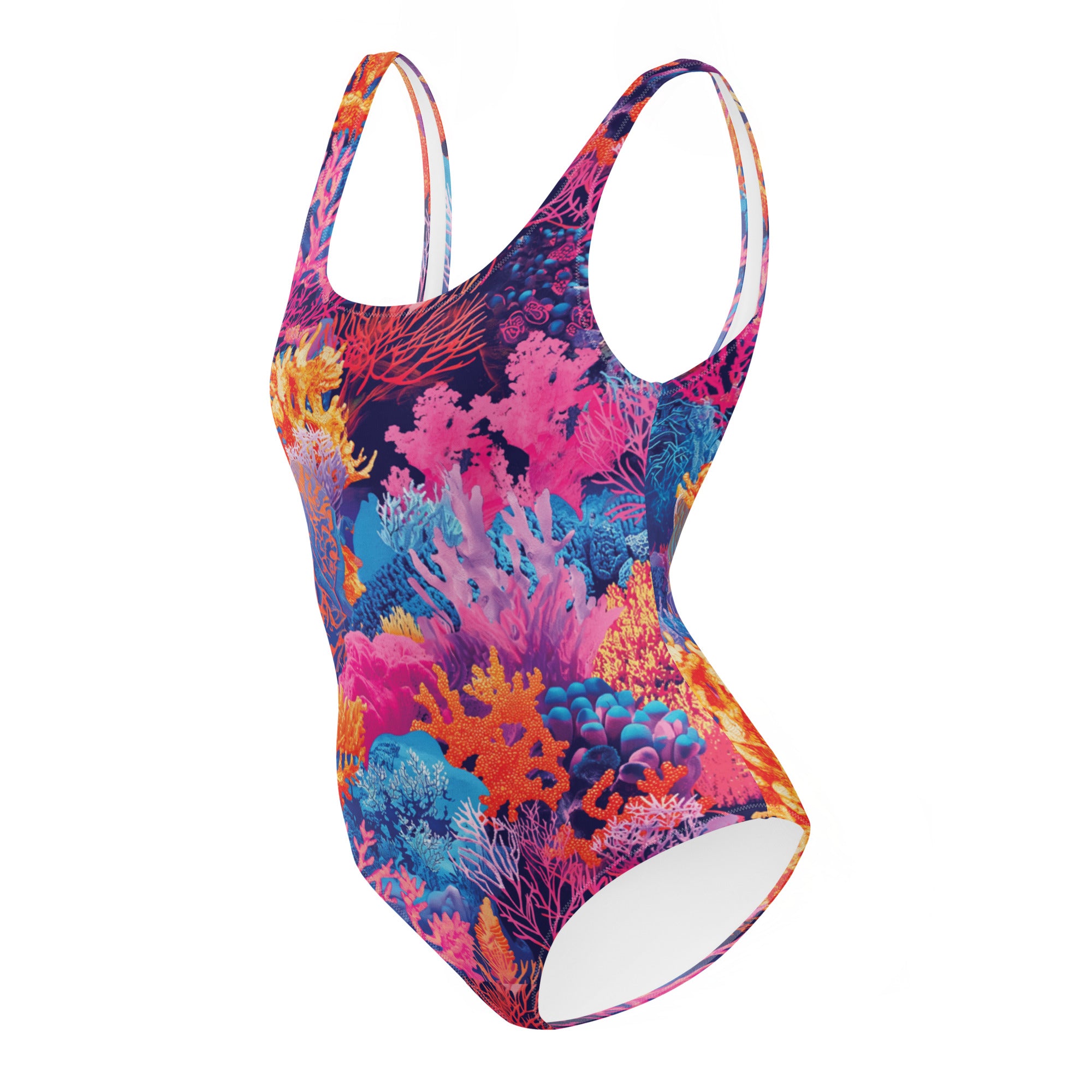 Fire Corals One-Piece Swimsuit – left side view – scuba swimsuit one piece in soft recycled polyester for ocean lovers