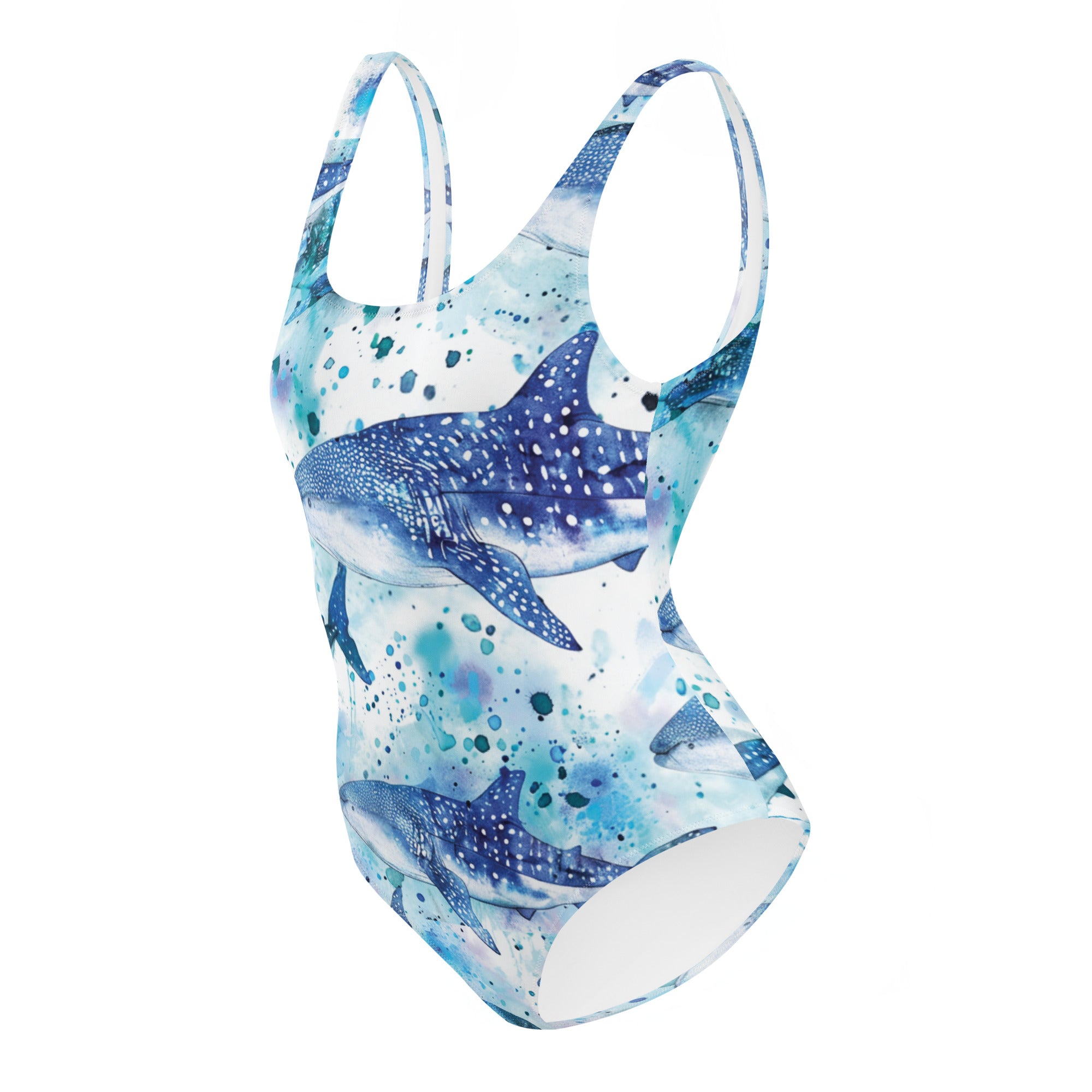 Whimsical Whale Shark One-Piece Swimsuit – left side view – scuba swimsuit one piece in soft recycled polyester for ocean lovers