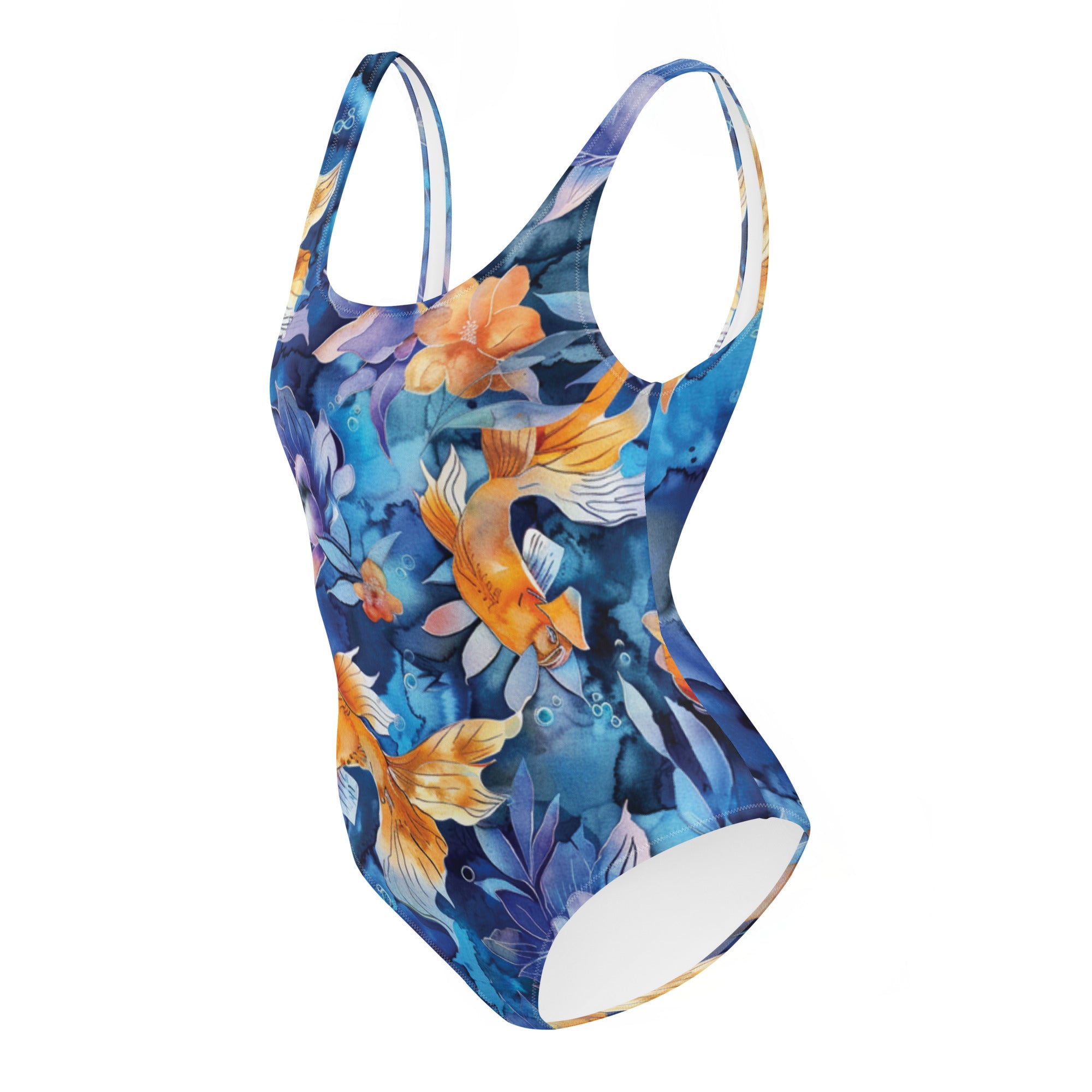 Jasmine Koi One-Piece Swimsuit – left side view – scuba swimsuit one piece in soft recycled polyester for ocean lovers