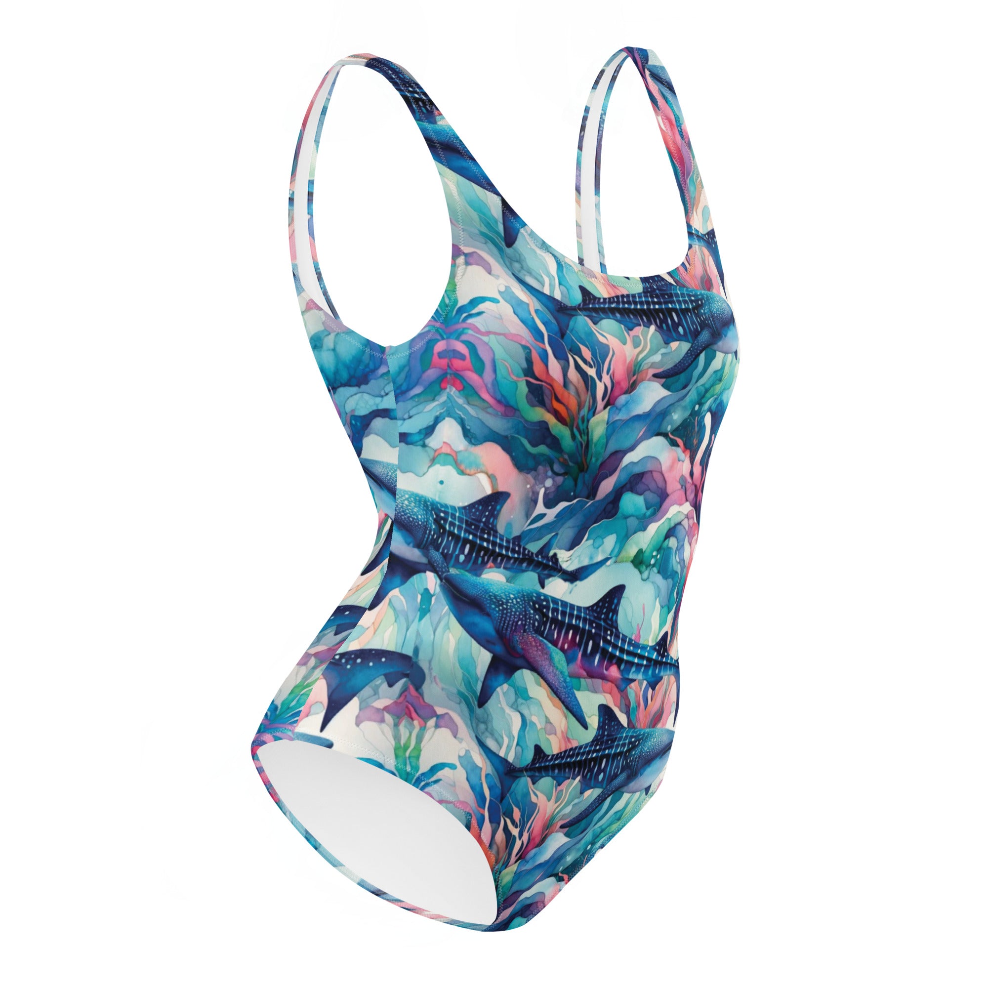 Electric Whale Shark One-Piece Swimsuit – right side view – scuba swimsuit one piece in soft recycled polyester for ocean lovers
