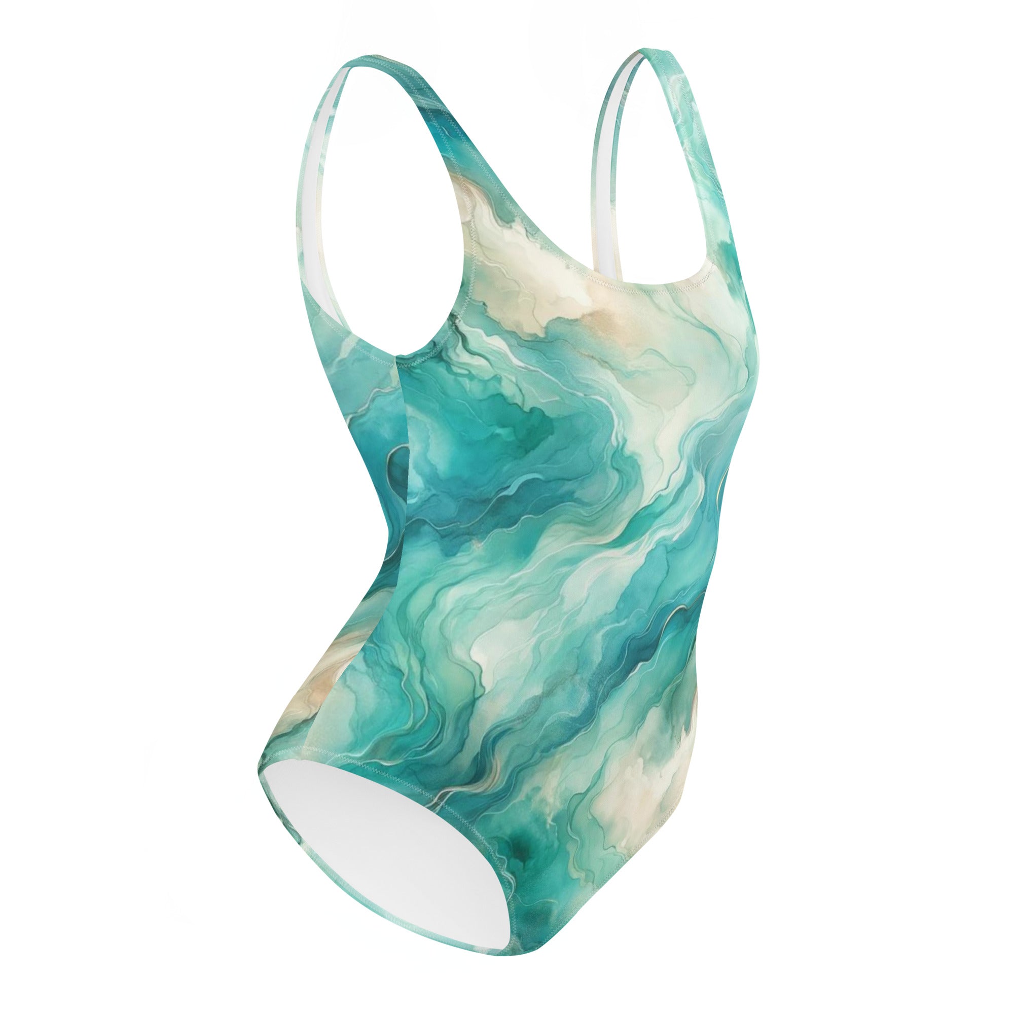 Turquoise Seas One-Piece Swimsuit – right side view – one piece diving swimsuit that stays put under a wetsuit and rash guard