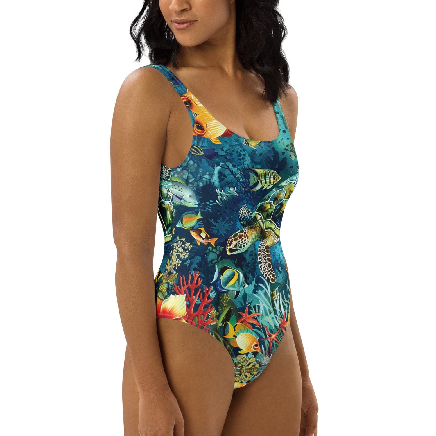 Maldives One-Piece Swimsuit – right side view – sustainable scuba swimsuit made for divers in warm tropical waters