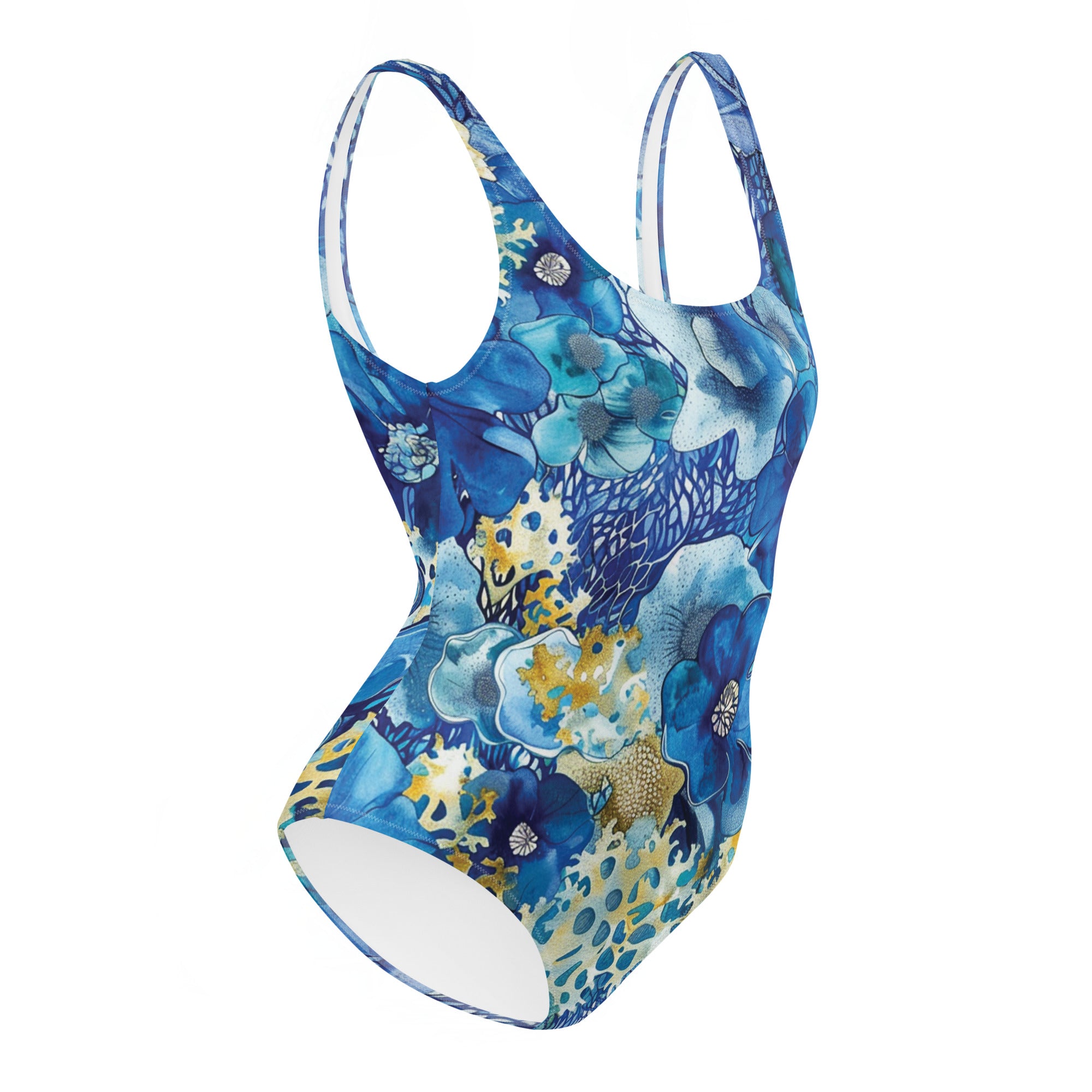 Coral Blossoms One-Piece Swimsuit – right side view – diving one piece swimsuit for warm water scuba and reef snorkeling