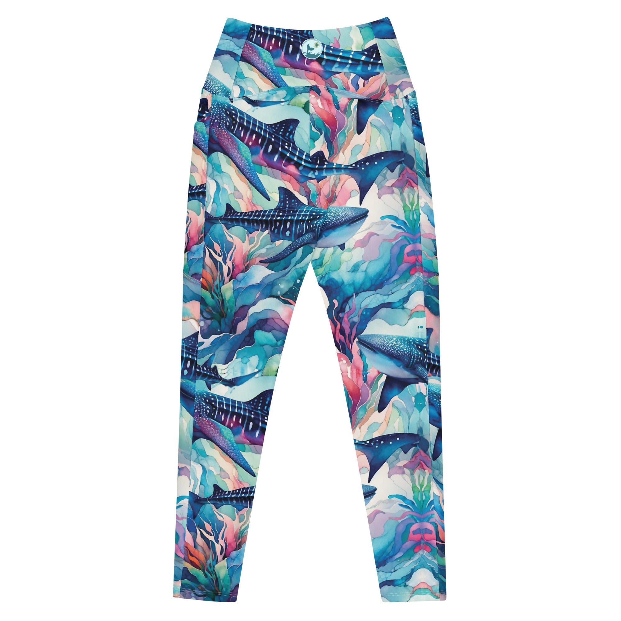 Electric Whale Shark Scuba Leggings (with pockets!) – back view – scuba leggings for snorkeling, freediving, and warm water scuba diving