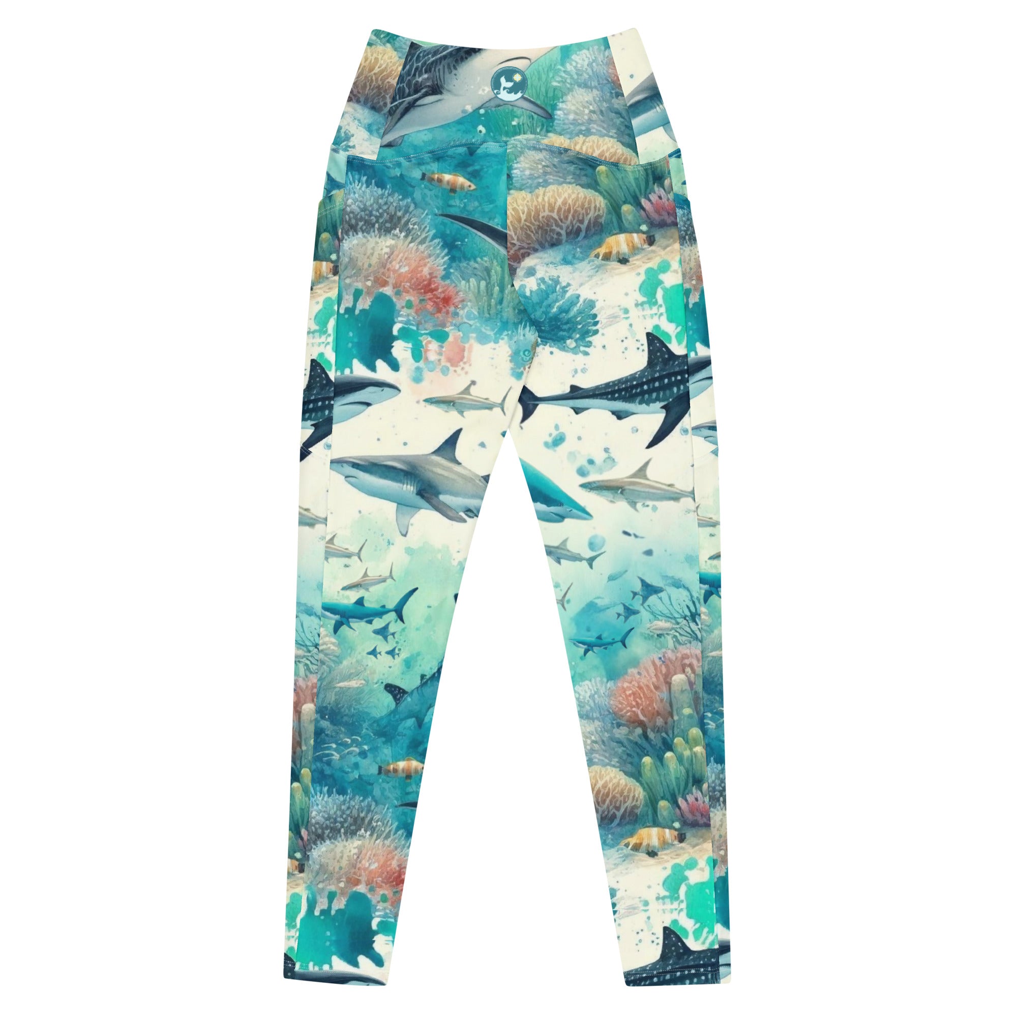 Shark Frenzy Scuba Leggings (with pockets!) – back view – scuba leggings for snorkeling, freediving, and warm water scuba diving