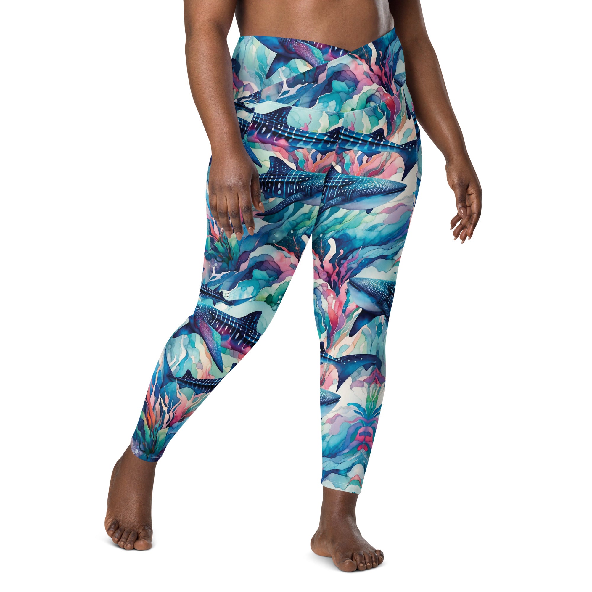 Electric Whale Shark Scuba Leggings (with pockets!) – front view – women's diving leggings made for ocean adventures and reef snorkeling