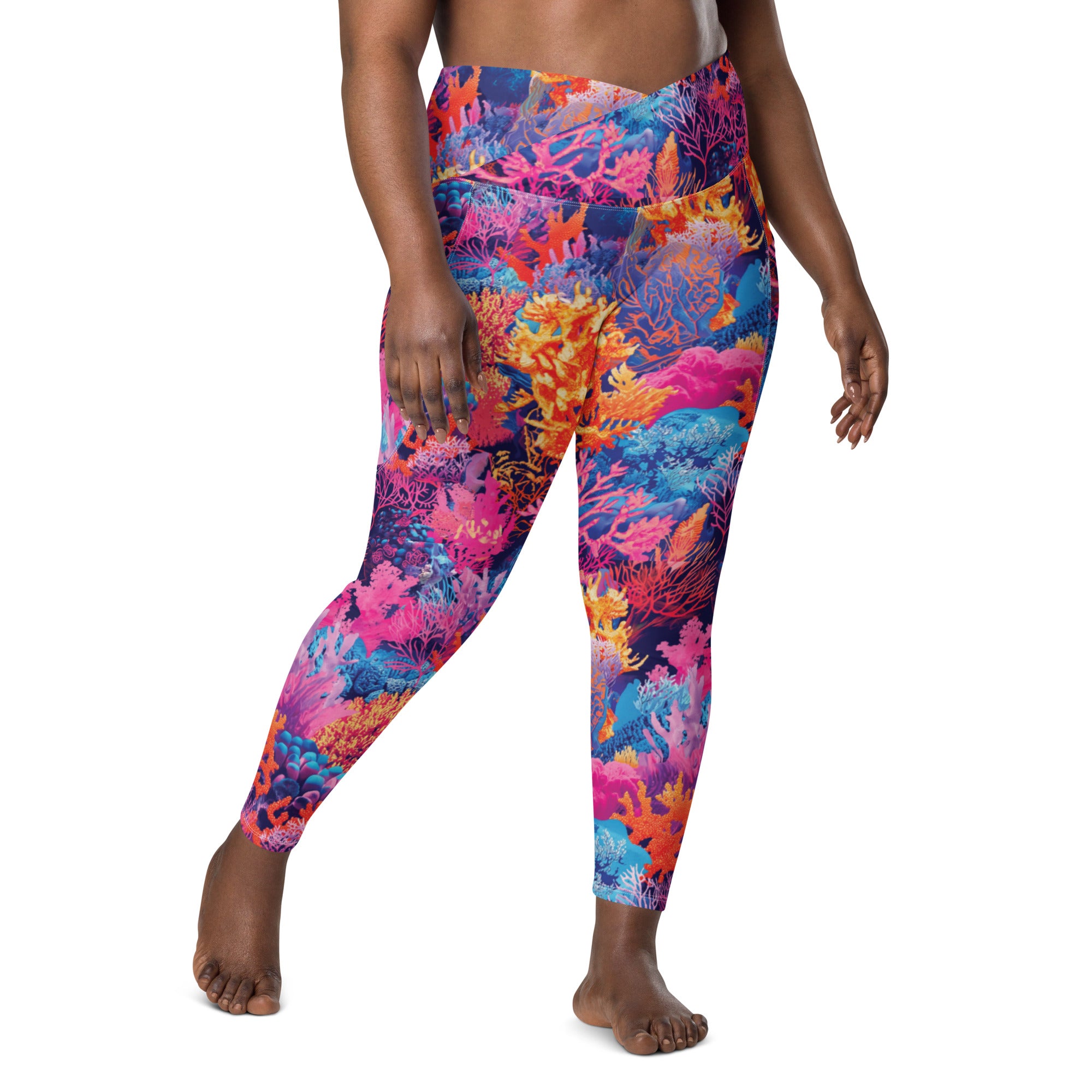 Fire Corals Scuba Leggings (with pockets!) – front view – dive leggings with pockets for warm water scuba diving and snorkeling