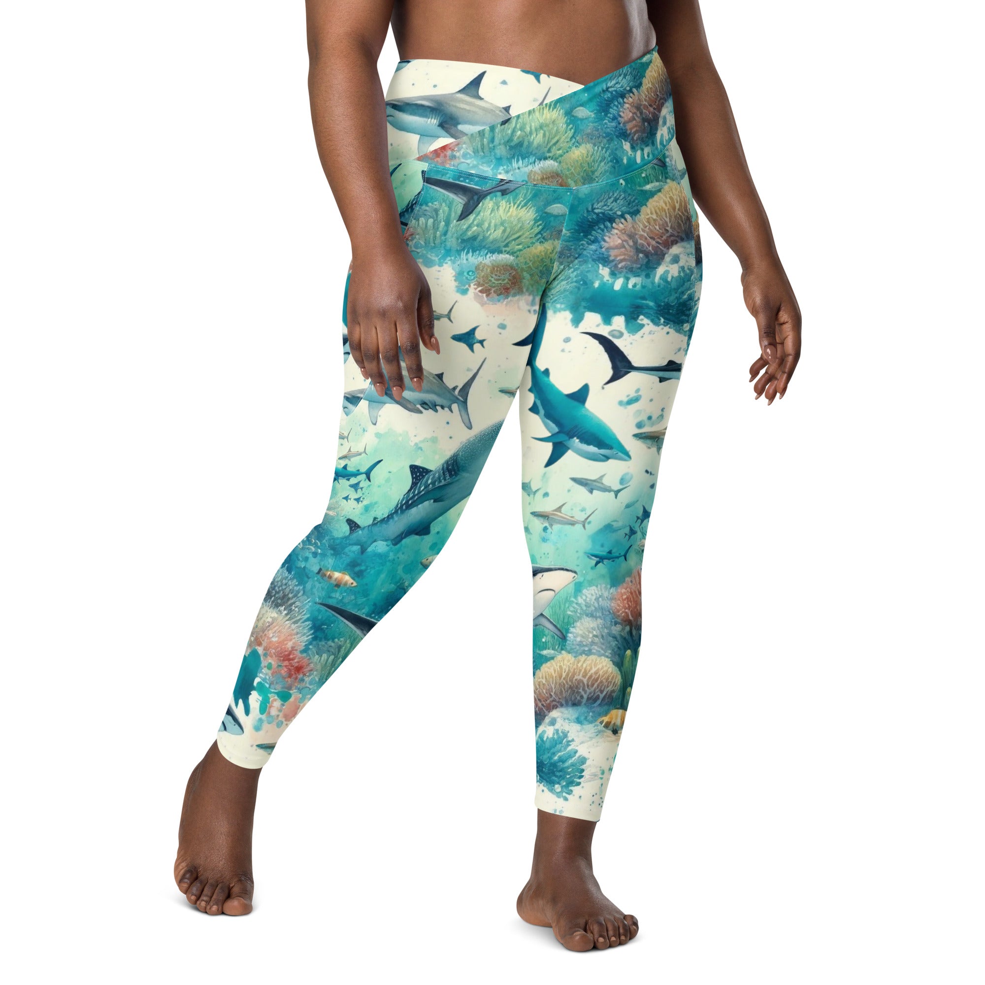 Shark Frenzy Scuba Leggings (with pockets!) – front view – dive leggings with pockets for warm water scuba diving and snorkeling