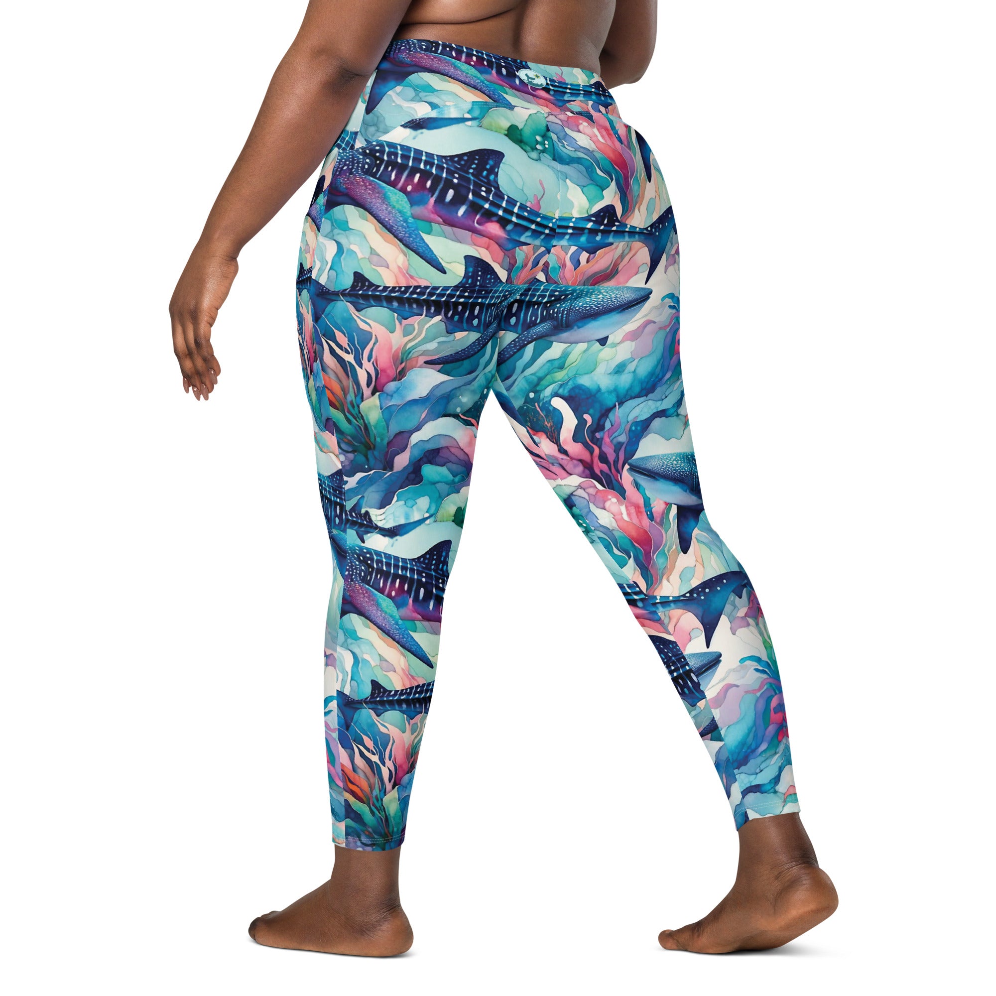 Electric Whale Shark Scuba Leggings (with pockets!) – back view – sustainable scuba diving leggings in soft recycled polyester