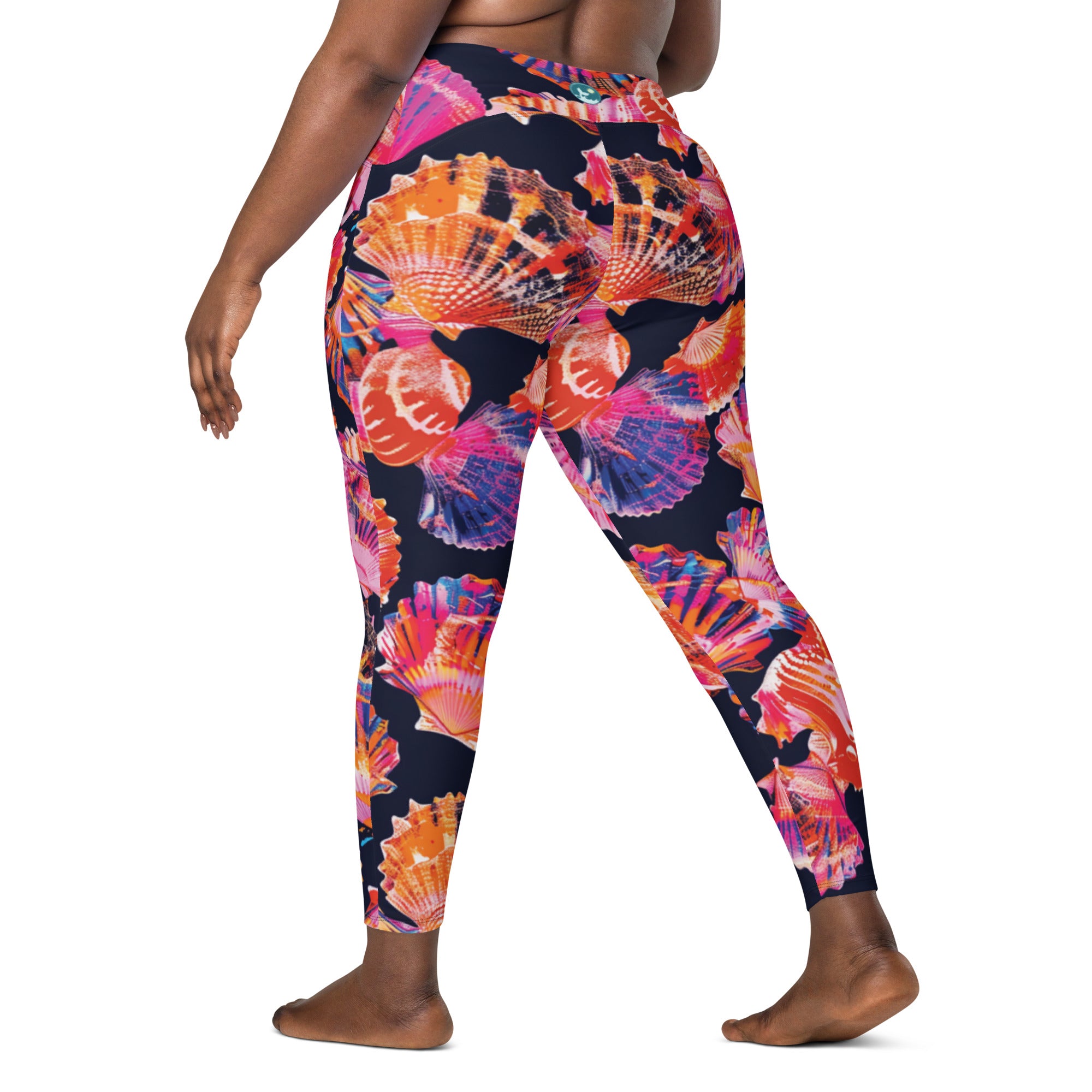 Neon Shells Scuba Leggings (with pockets!) – back view – sustainable scuba diving leggings in soft recycled polyester
