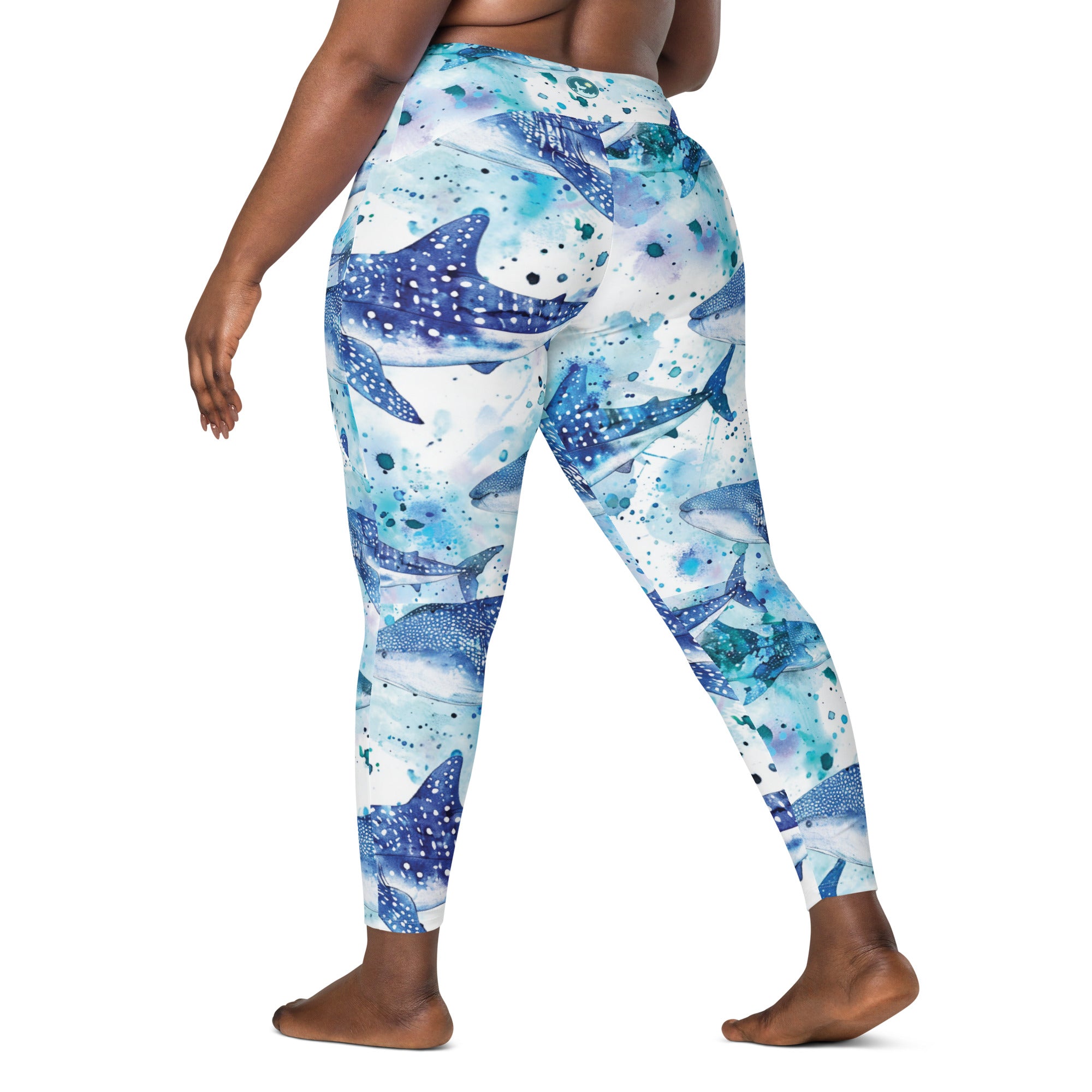 Whimsical Whale Shark Scuba Leggings (with pockets!) – back view – sustainable scuba diving leggings in soft recycled polyester