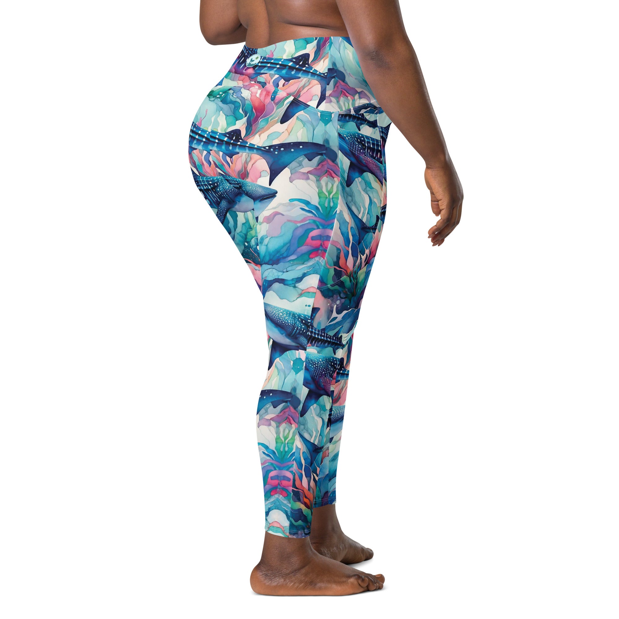 Electric Whale Shark Scuba Leggings (with pockets!) – back view – dive leggings with pockets for warm water scuba diving and snorkeling