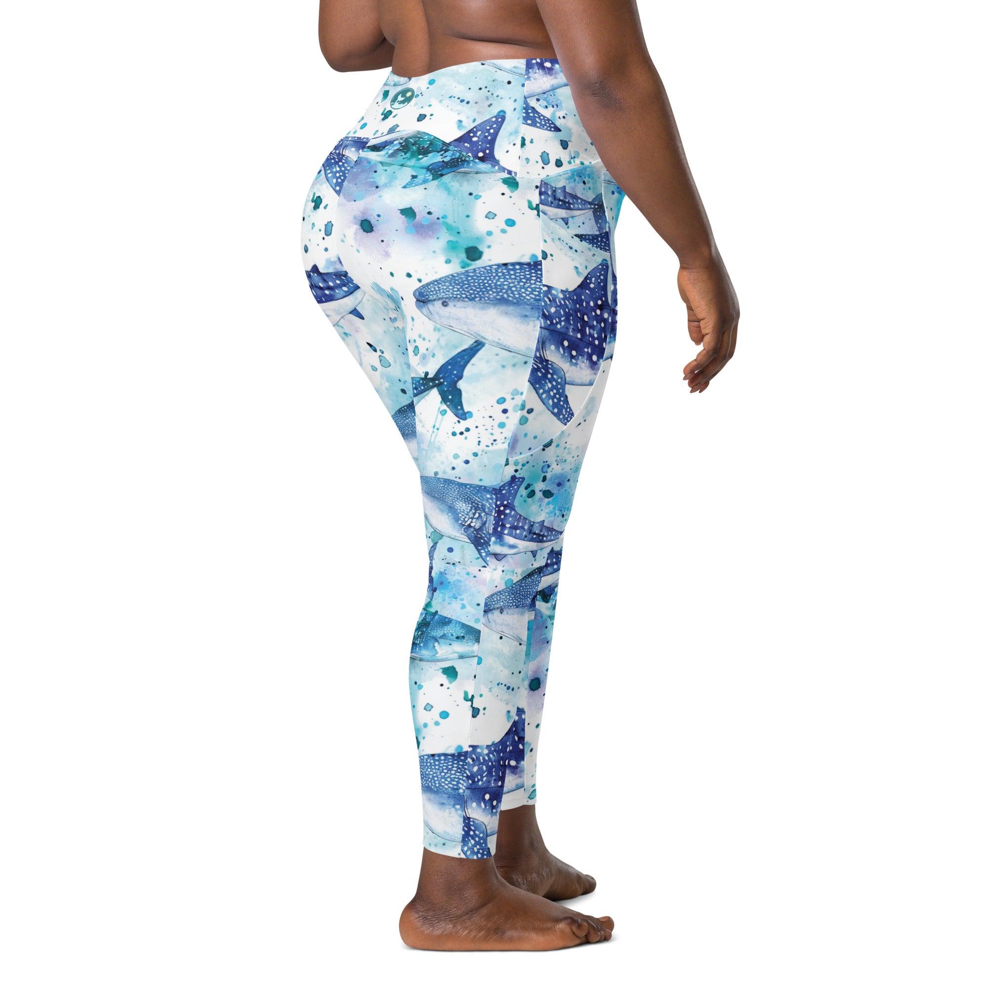 Whimsical Whale Shark Scuba Leggings (with pockets!) – back view – women's diving leggings made for ocean adventures and reef snorkeling