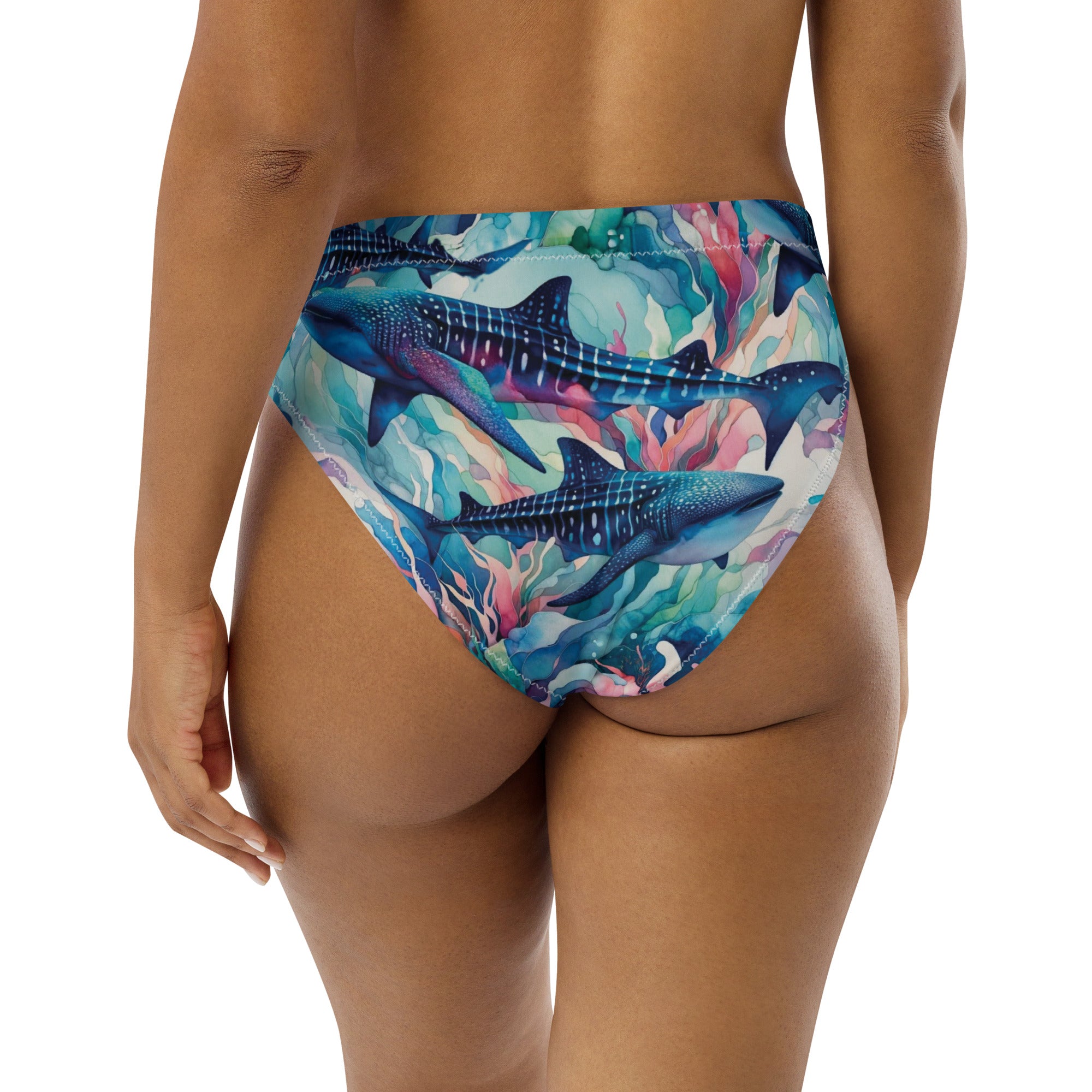Electric Whale Shark Scuba Bikini Bottom - High Waisted – back view – recycled scuba bikini for divers, snorkelers, and warm water adventures