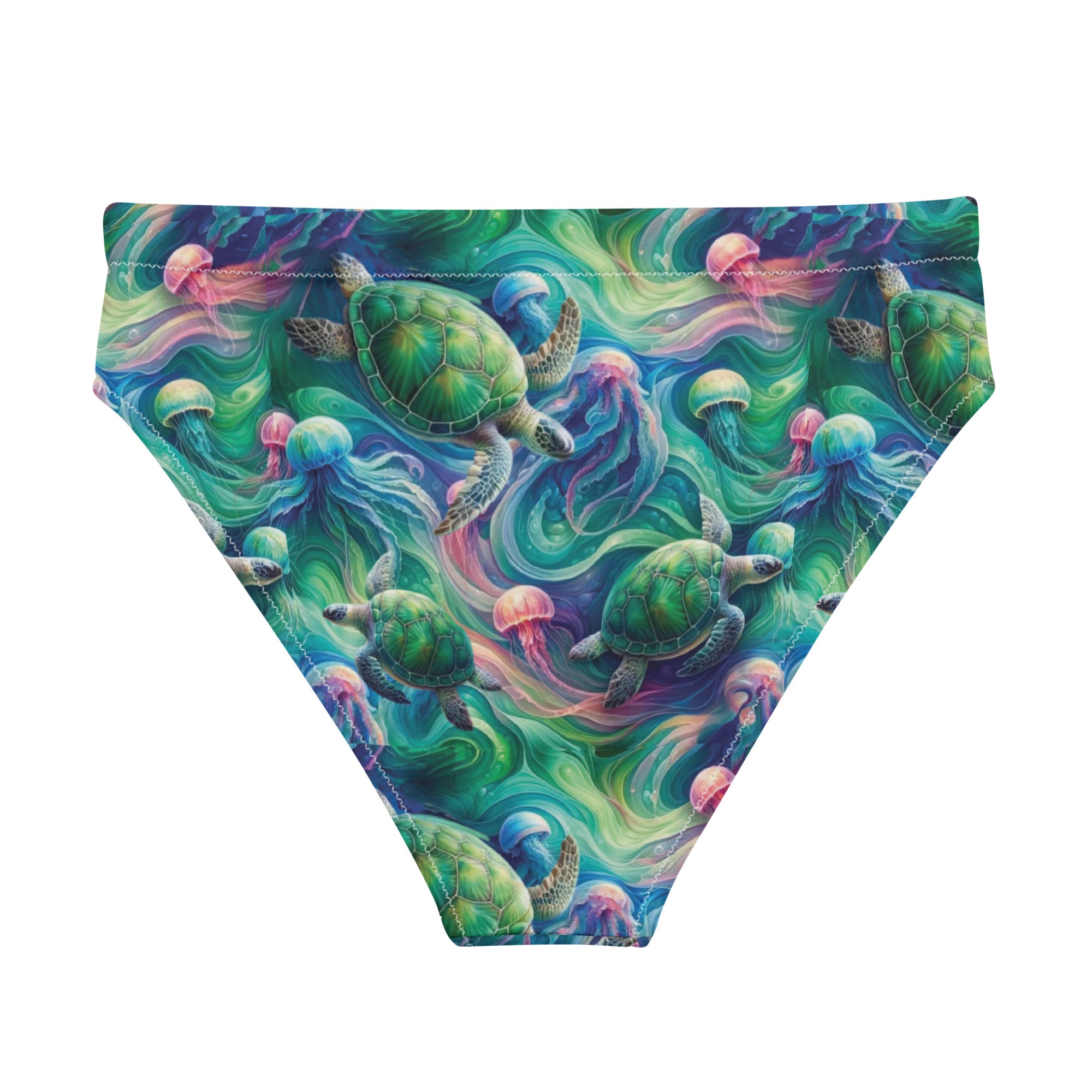 Psychedelic Turtle Scuba Bikini Bottom - High Waisted – back view – sustainable scuba swimsuit in soft recycled polyester for ocean lovers