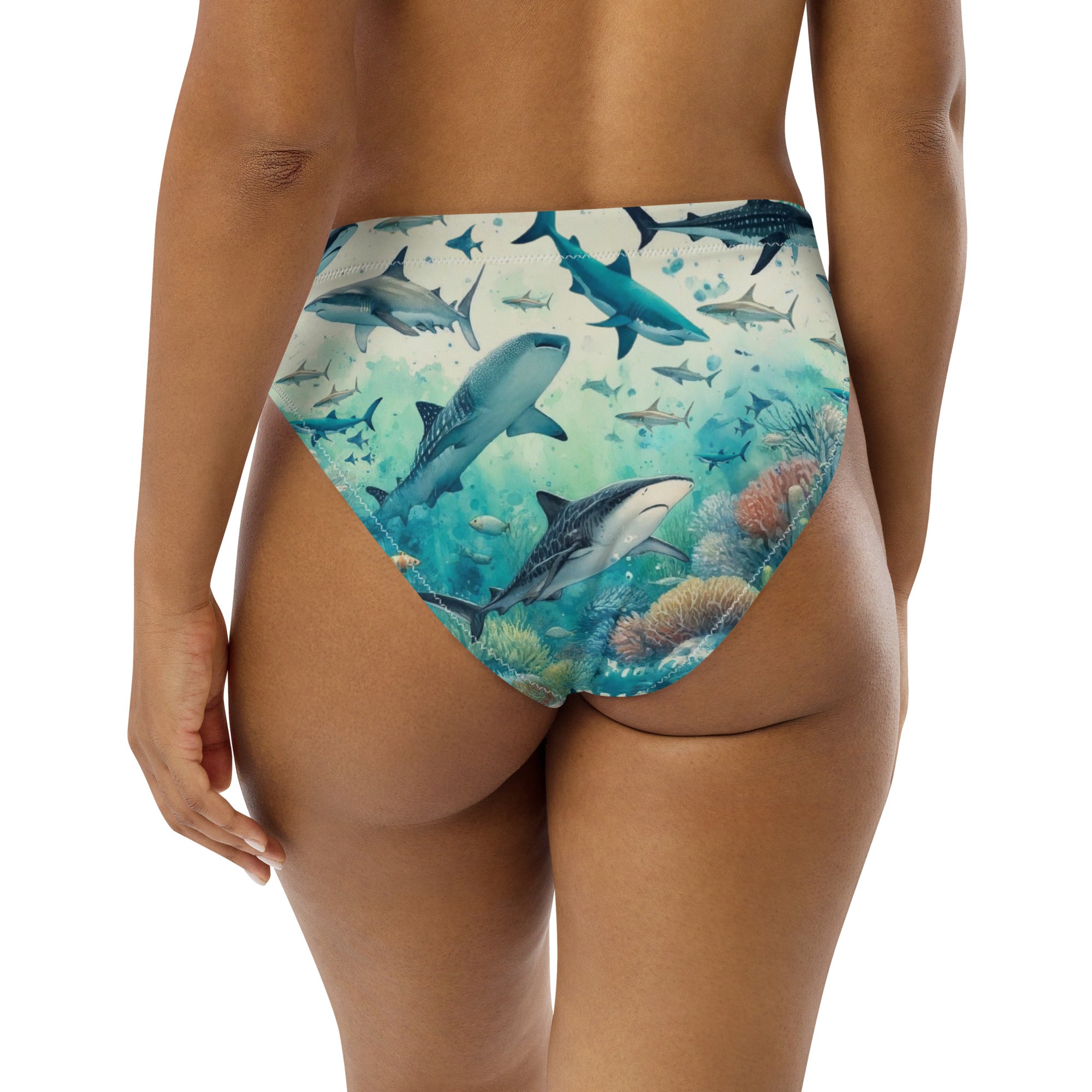 Shark Frenzy Scuba Bikini Bottom - High Waisted – back view – diving swimsuit that stays put under a wetsuit for scuba and freediving