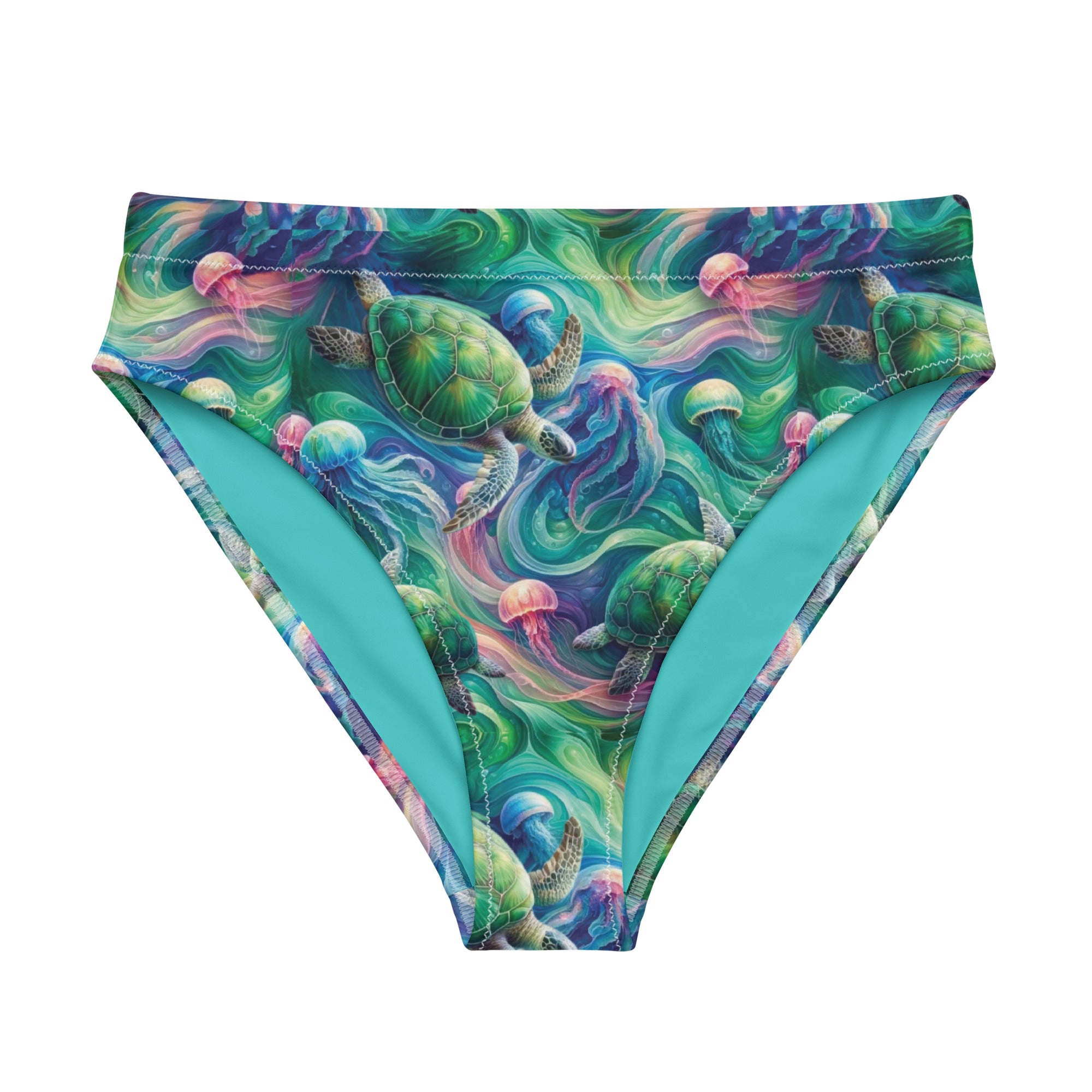 Psychedelic Turtle Scuba Bikini Bottom - High Waisted – front view – scuba diving swimsuit with UPF 50+ sun protection for tropical reef diving