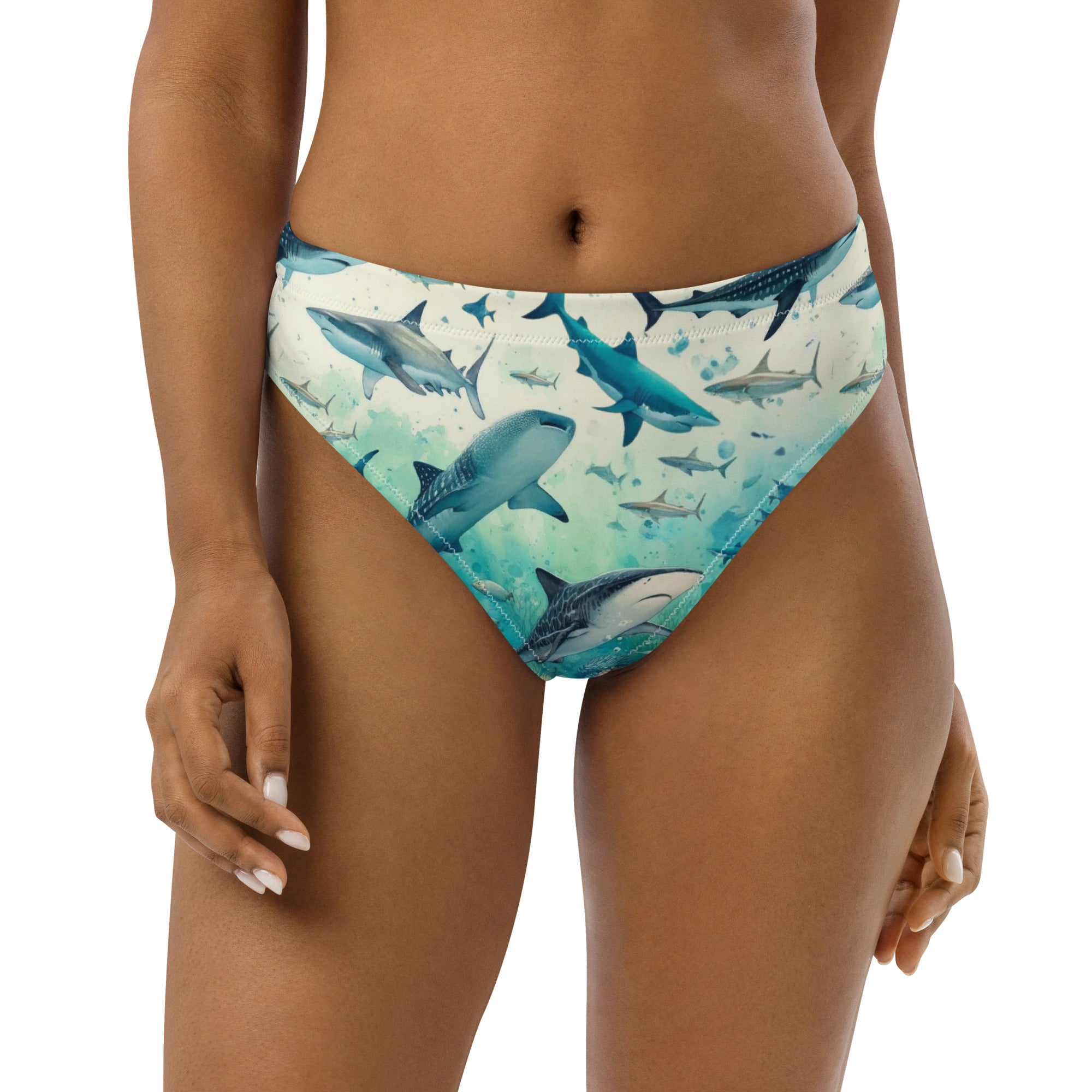 Shark Frenzy Scuba Bikini Bottom - High Waisted – front view – recycled scuba bikini for divers, snorkelers, and warm water adventures