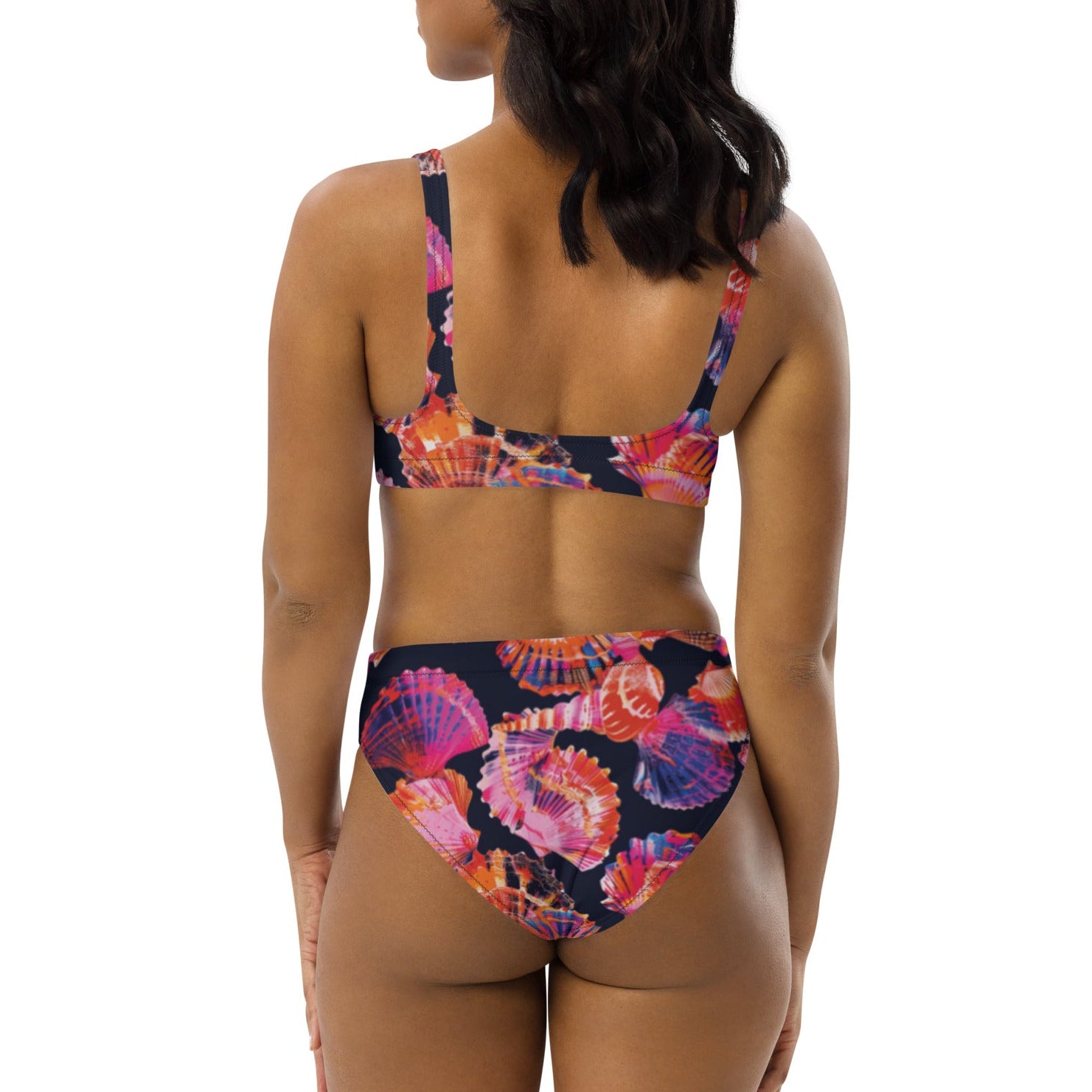 Neon Shells Scuba Bikini - High Waisted Set – back view – diving swimsuit that stays put under a wetsuit for scuba and freediving