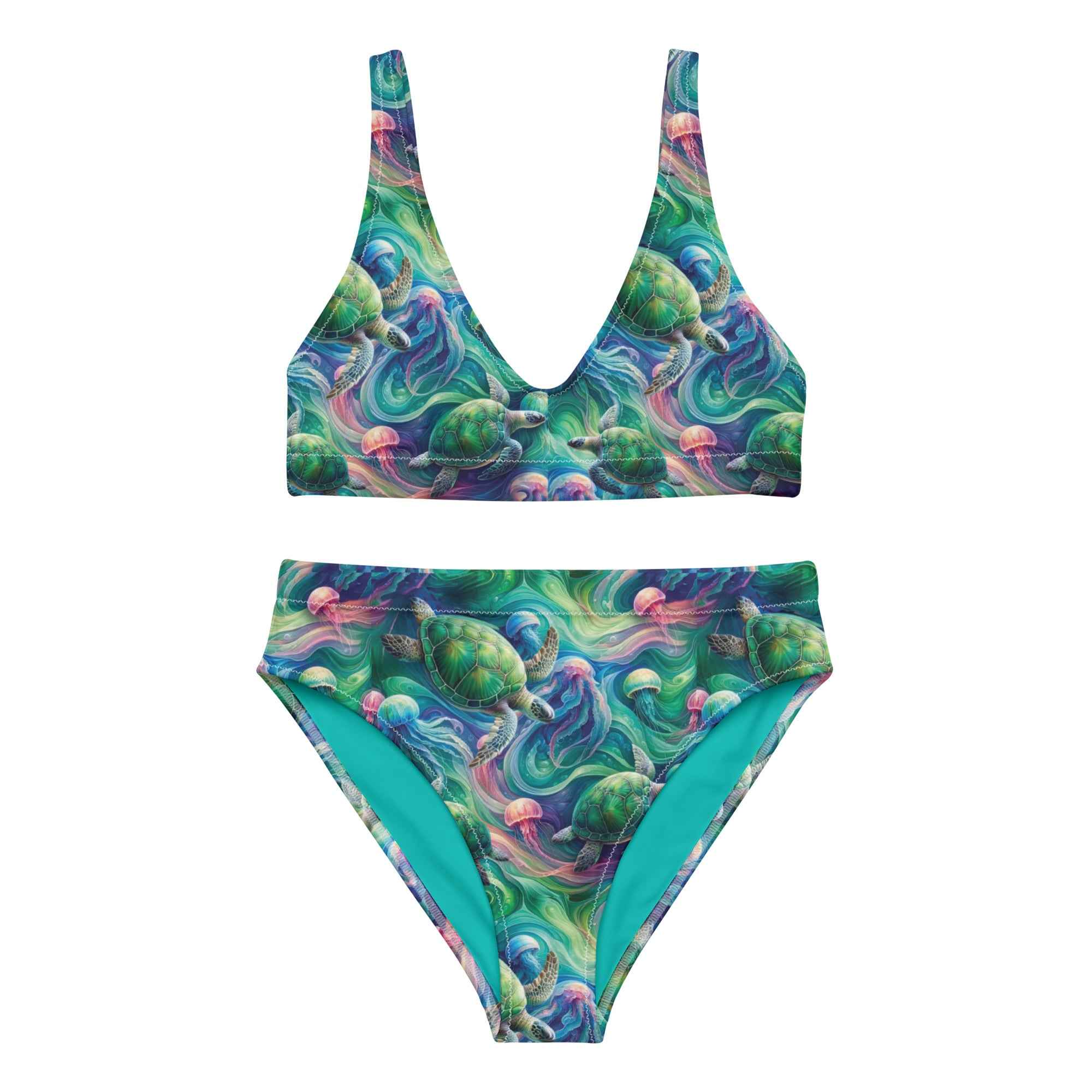 Psychedelic Turtle Scuba Bikini - High Waisted Set – front view – scuba diving swimsuit with UPF 50+ sun protection for tropical reef diving