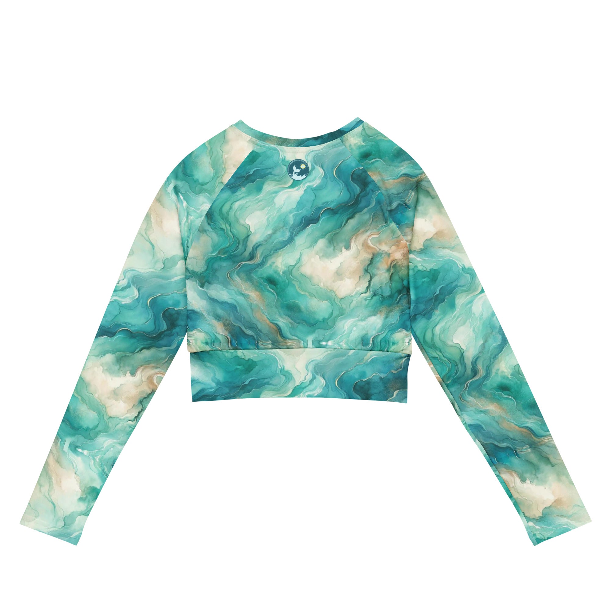 Turquoise Seas Cropped Rashie – back view – cropped rash guard that fits under a wetsuit for tropical diving