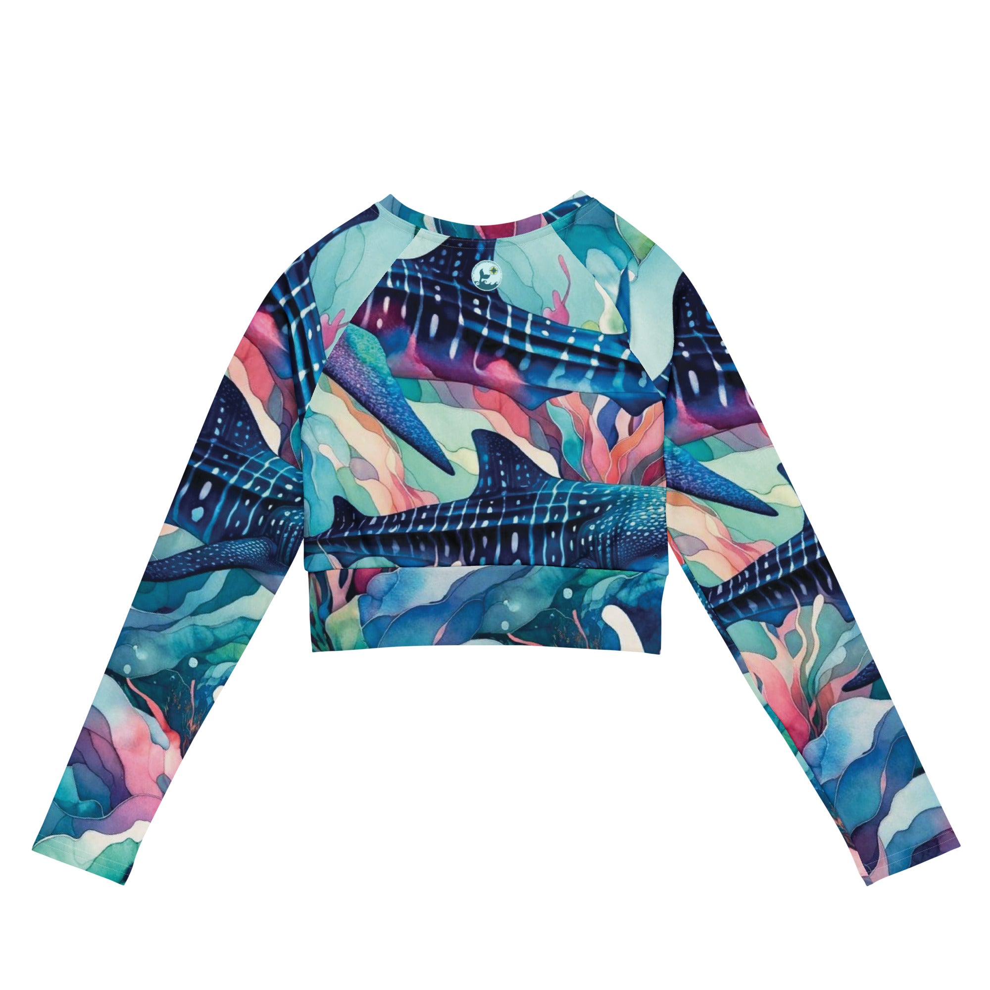 Electric Whale Shark Cropped Rashie – back view – cropped rash guard that fits under a wetsuit for tropical diving
