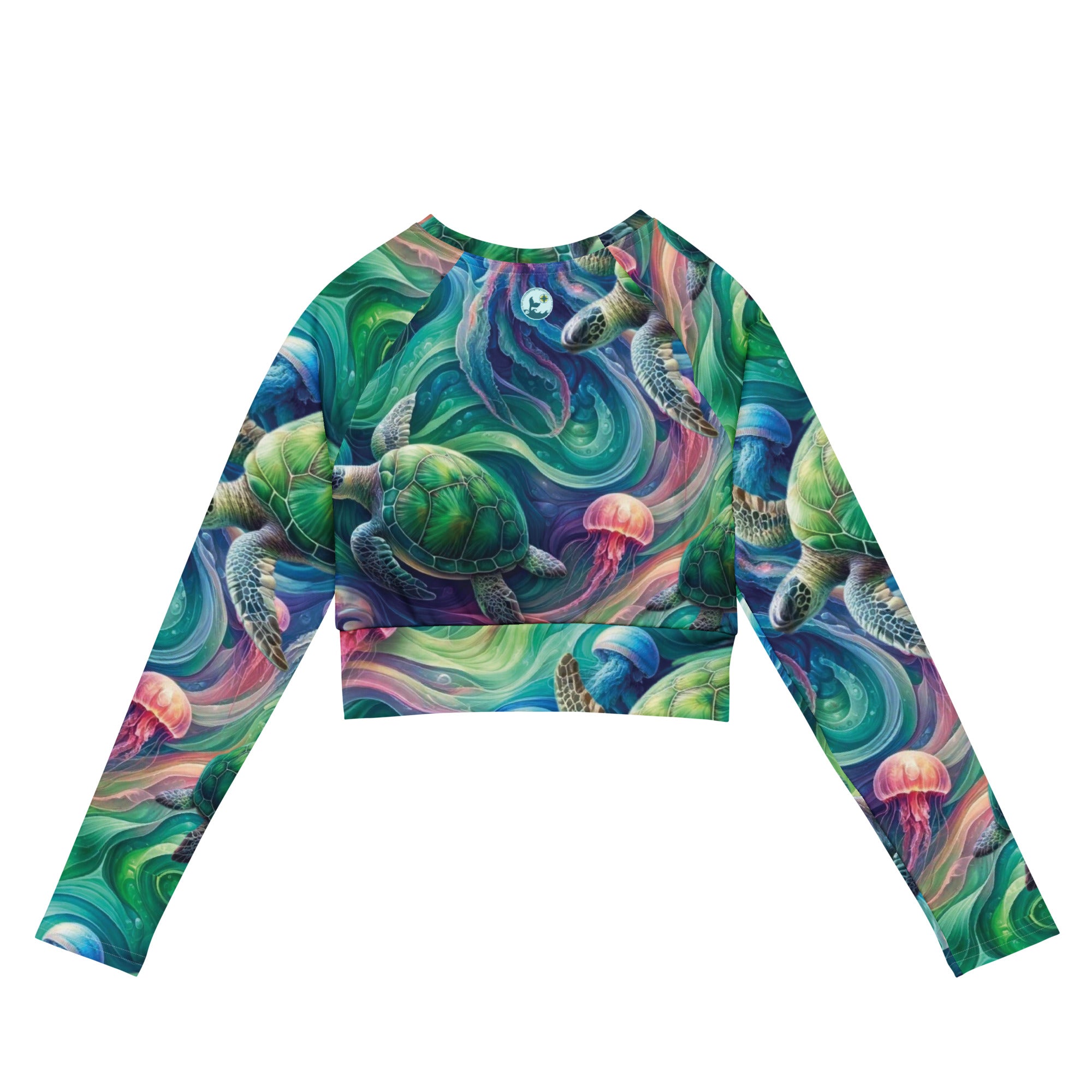 Psychedelic Turtle Cropped Rashie – back view – cropped rash guard that fits under a wetsuit for tropical diving
